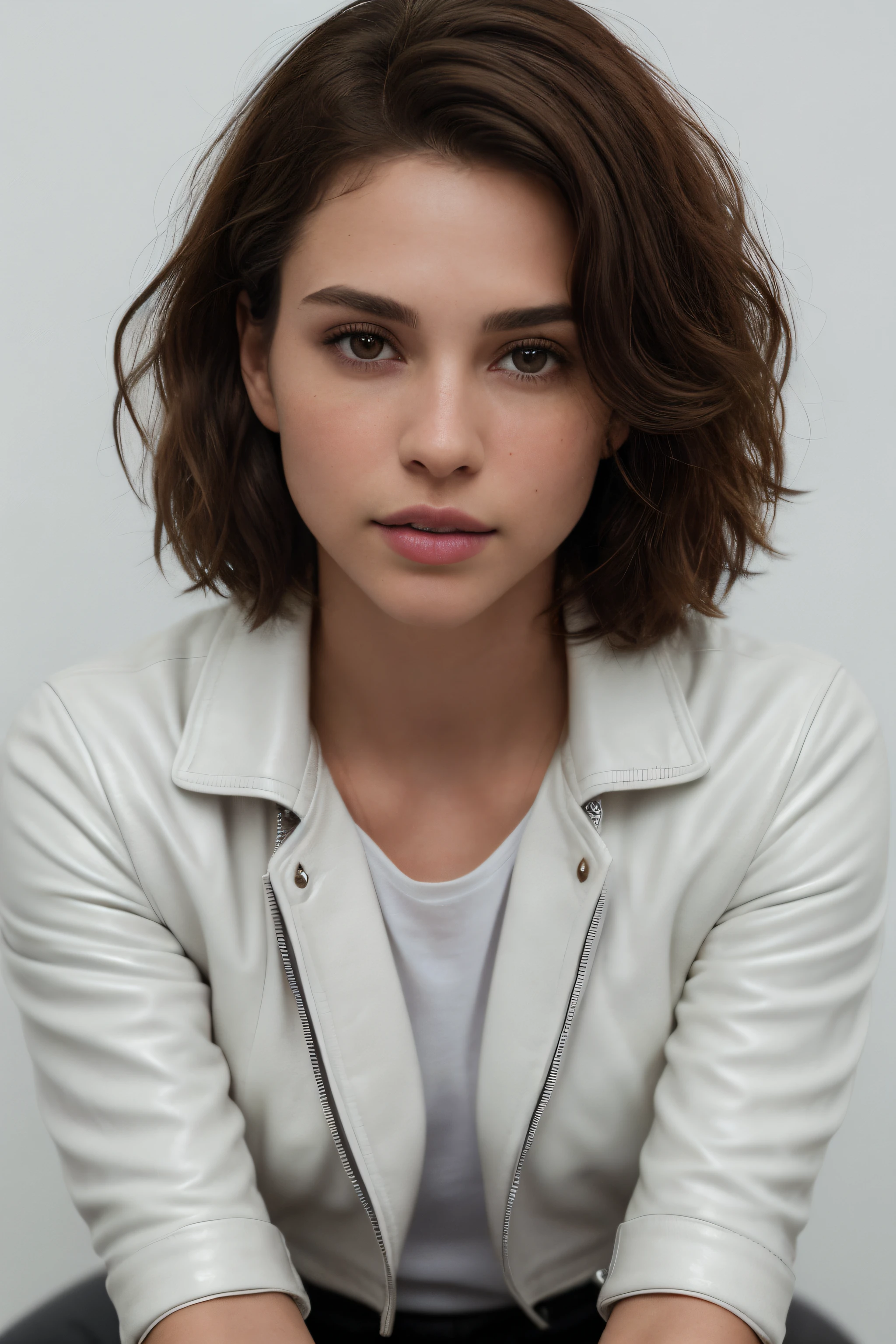 Breathtaking cinematic photo of a 30 year old girl with cabelo castanho and olhos castanhos, detalhes intrincados, profundidade superficial de campo, vinheta, altamente detalhado, high budget Hollywood movie, Bokeh, cinemascope, temperamental, epic, Lindo, grain film, obra de arte, premiado, profissional, altamente detalhado, textura detalhada da pele, (corar: 0.5), (arrepio: 0.5). (the most Lindo woman in the world) (cabelo castanho) (Cabelo cacheado curto, cabelo selvagem, corte elegante) rosto fino, nariz fino, Lindo, very Lindo, perfeito face, delgado body (delgado), (cabelo castanho) (olhos castanhos ) (Pele branca) corpo bonito, face ocidental, Predatory eyes, Pink lips, coxas grossas. corpo todo, beleza ocidental, nariz fino, Lindo, perfeito, ((melhor qualidade)), ((ultra resolution)), ((fotorrealista: 1.4)), (detalhes intrincados), perfeito face, inventar: 1.5 , rosto claro, Detalhes faciais. (Location: parede branca, fundo branco) standing, property, vista frontal, arms at the side of the body. ((jaqueta de couro preta, jaqueta de couro preta, camiseta preta, botas altas, roupas pretas, elegante)) tatical clothes.