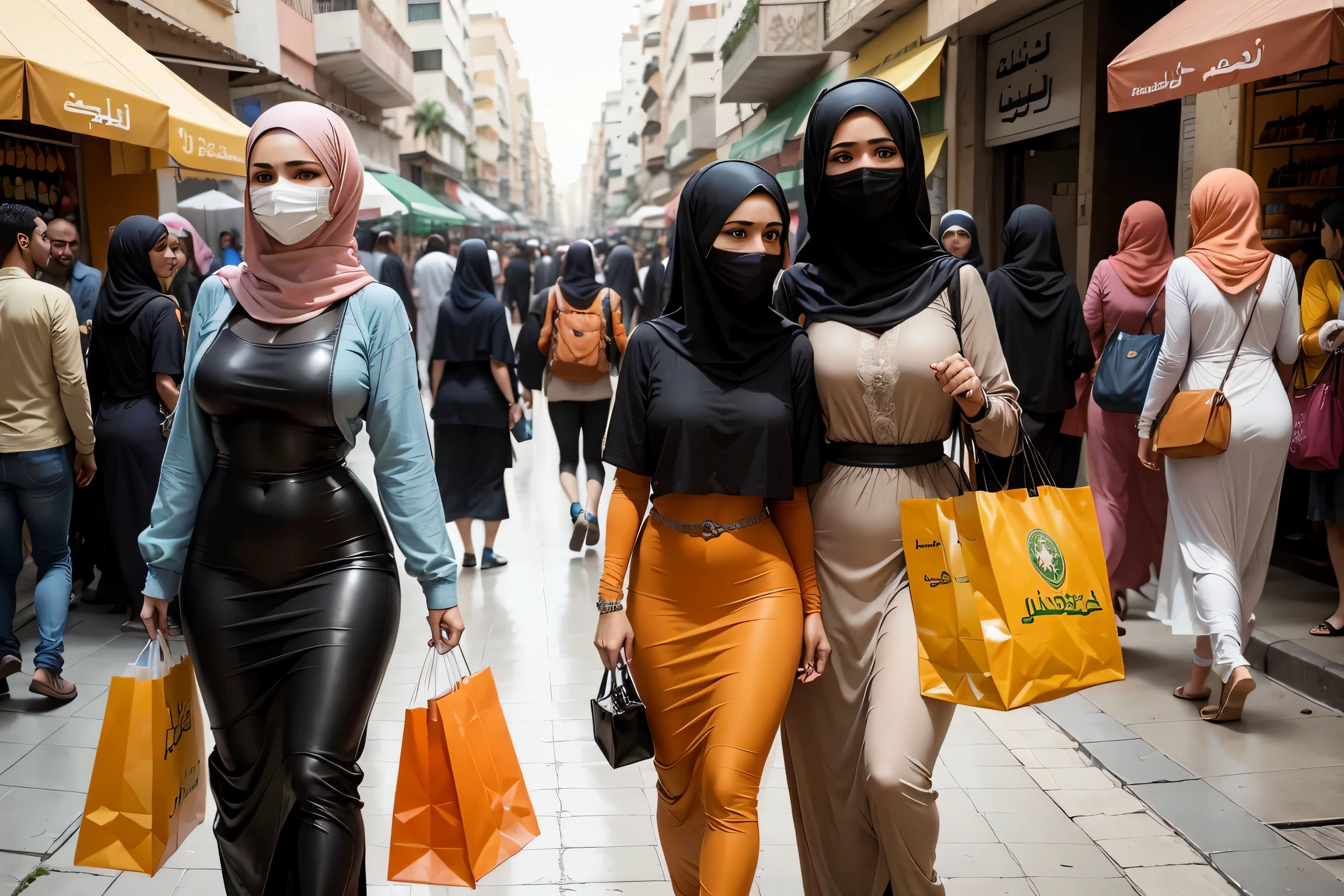 Two Arab women, in arab women clothes and burqa, fazendo compras em uma rua da feira do Brasil, Rua brasileira, Carros brasileiros e povo brasileiro, one of the women is holding an orange plastic bag