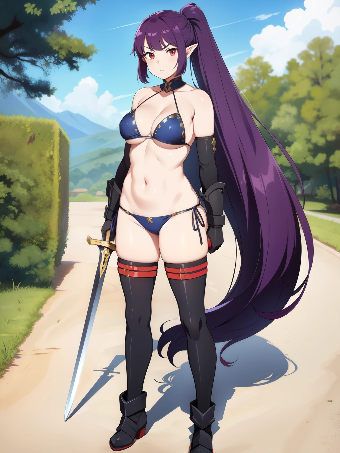 1girl,

armor,

bikini armor,

boots,

gloves,

high ponytail,

long hair,

navel,

pointy ears,

purple hair,

red eyes,

standing,

sword,

thighhighs,

very long hair,

weapon,