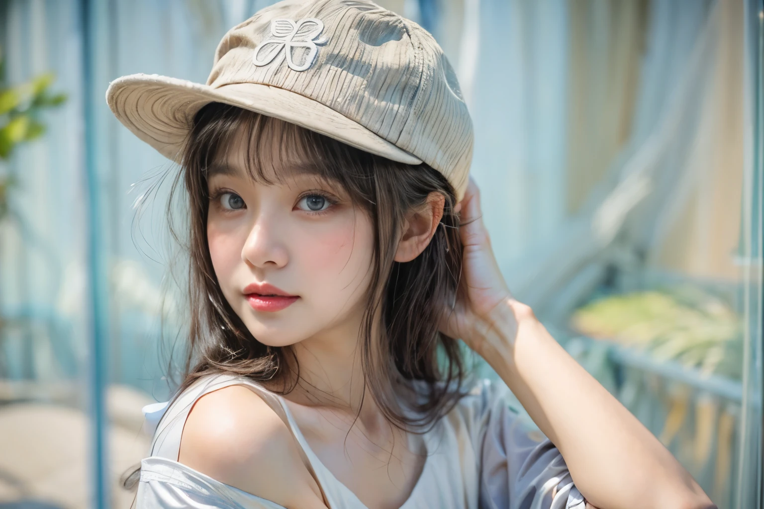 masterpiece、highest quality、cinema、(Detailed both eyes)、(cute japanese woman、bangs:1.3)、23 years old、1 girl、elegant、black hair、(auraroid photo:1.2)、Put on the cap