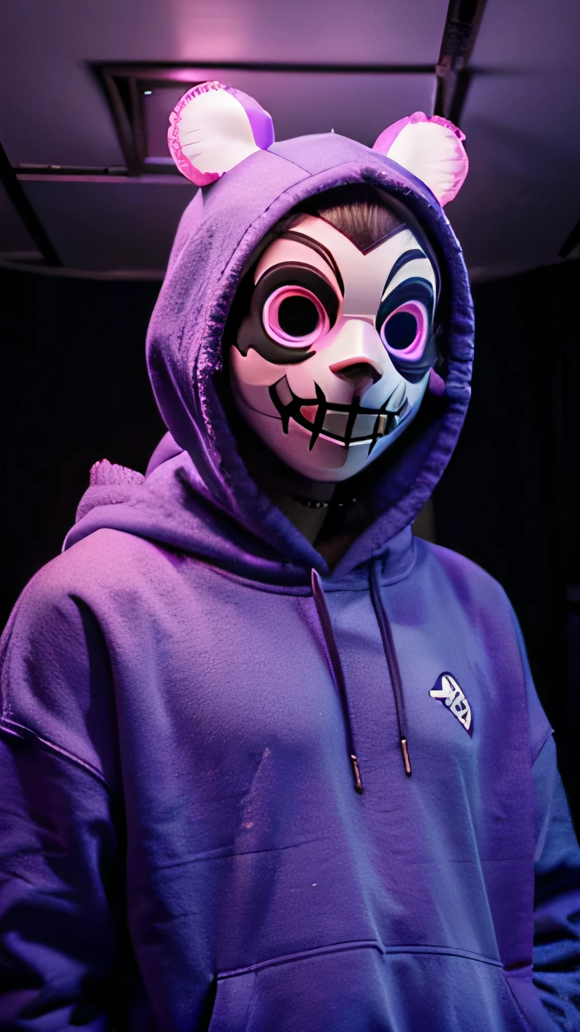 A man wearing a Hyottoko mask and a hoodie Filmed in a futuristic studio facing forward pink purple Light blue