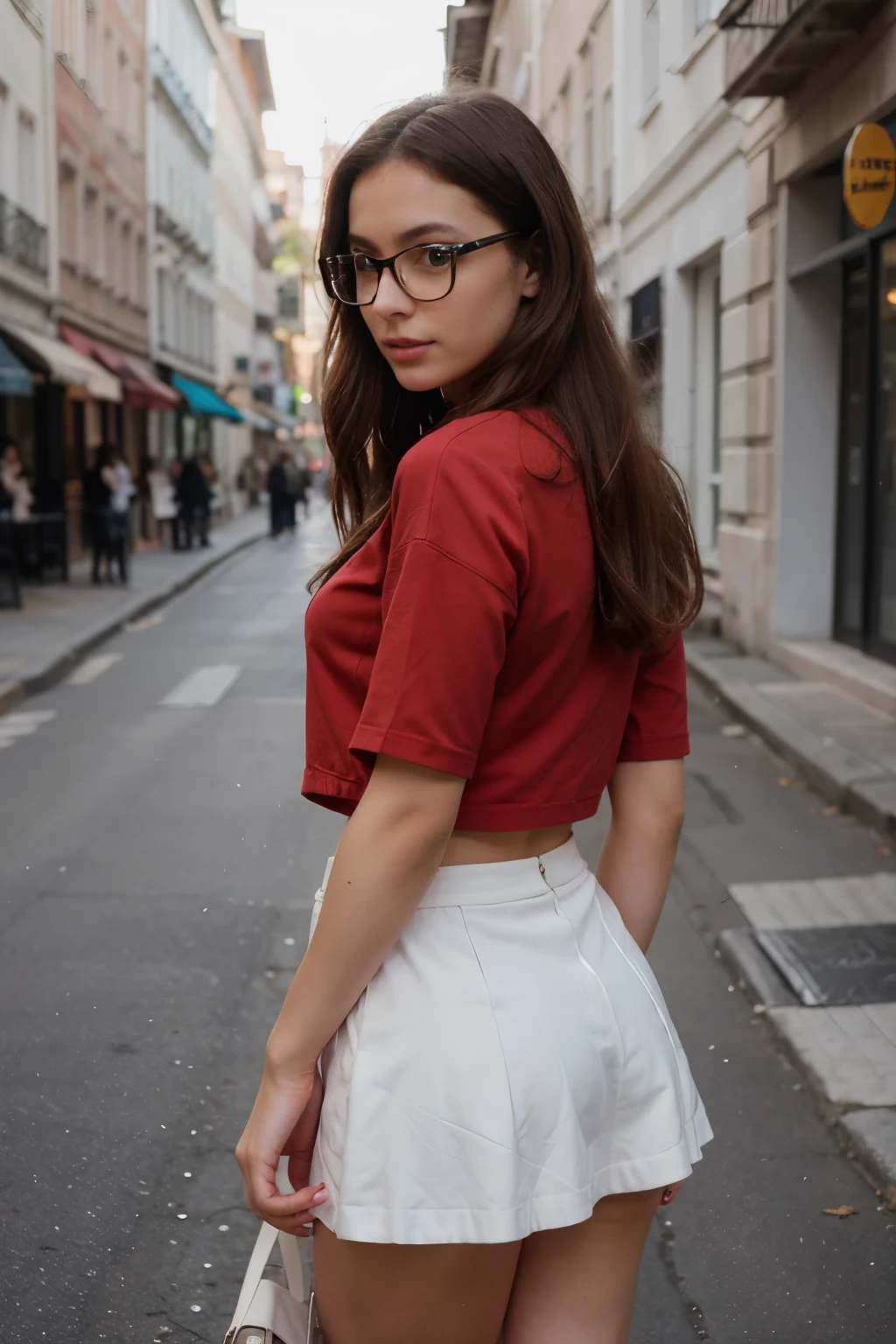 A photography of a fancy french woman with Beautiful glasses and red short skirt