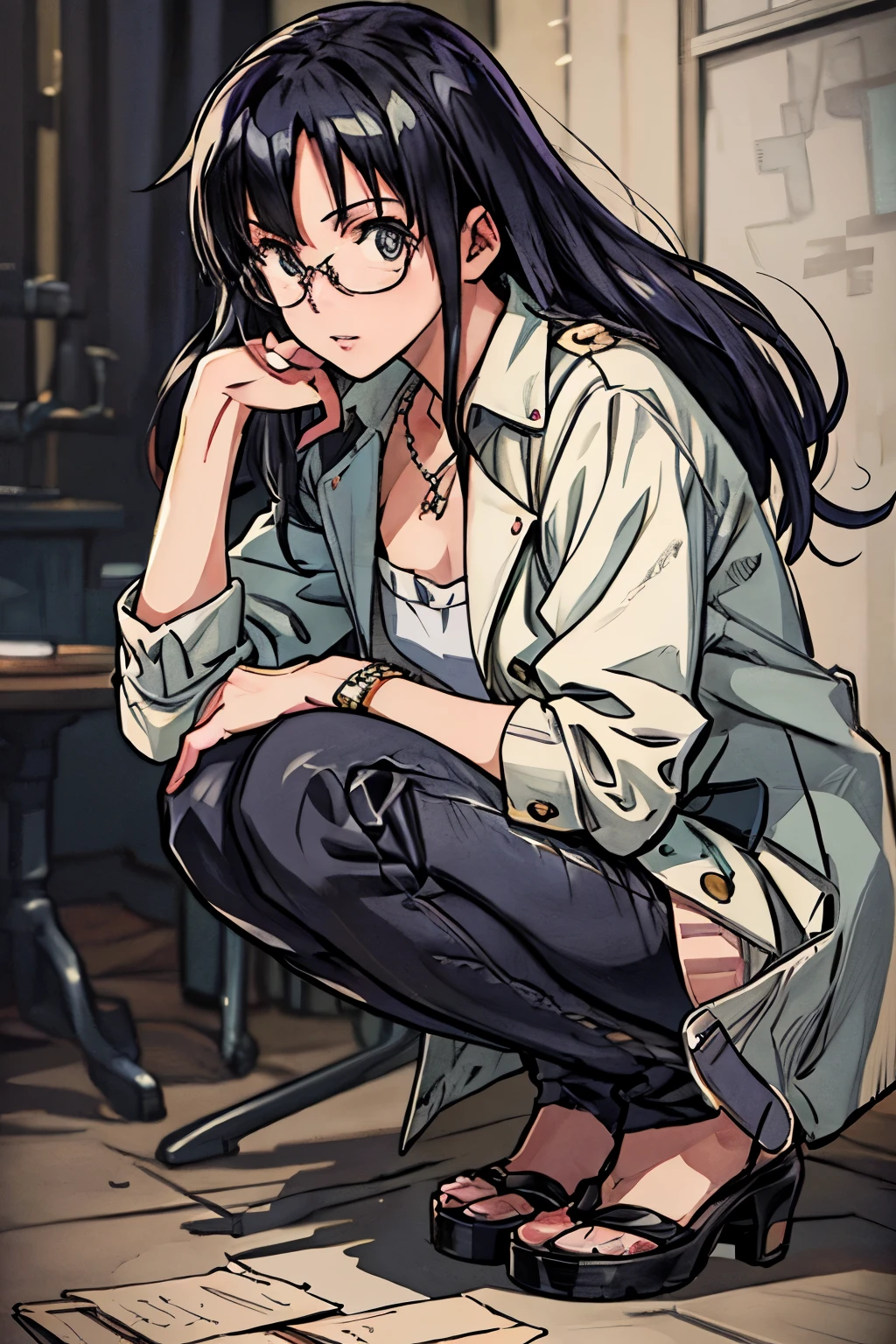 (highest quality,4K,8K,High resolution,table top:1.2), super detailed, (realistic,photorealistic,photo-realistic:1.37),((full body)), Unfortunate,Glasses,((black hair)), ((long hair)),beige trench coat,necklace,high heels,beautiful and fine eyes, beautiful detailed lips, highly detailed eyes and face, long eyelashes, realistic anime 3D style, Smooth anime CG art, Digital rendering by Makoto Shinkai, Moe anime art style, photorealistic rendering of an anime girl, Shinkai Makoto style, Cute anime girl visuals, realistic young anime girl, girl fan art, Created by Anime Artist'studio of.