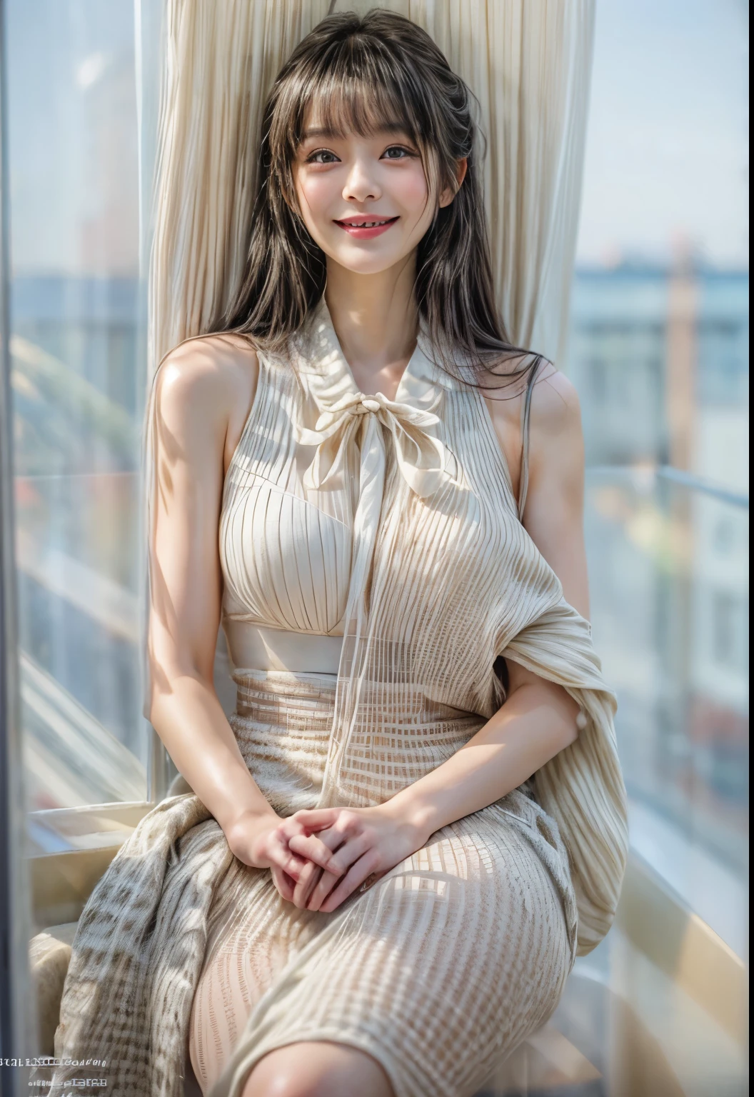 masterpiece、highest quality、cinema、(Detailed both eyes)、(cute japanese woman、bangs:1.3)、23 years old、1 girl、elegant、black hair、(auraroid photo:1.2)、one piece、(light from window、big smile:1.4)
