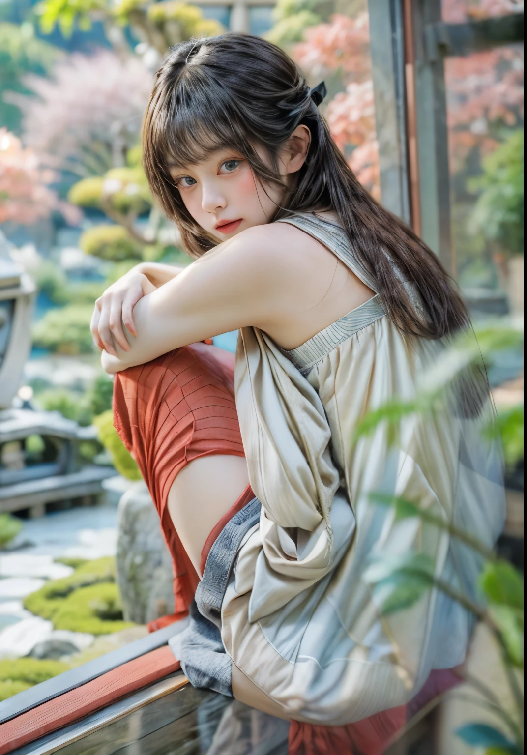 masterpiece、highest quality、cinema、(Detailed both eyes)、(cute japanese woman、bangs:1.3)、23 years old、1 girl、elegant、black hair、(auraroid photo:1.2)、(veranda、Japanese garden:1.6)