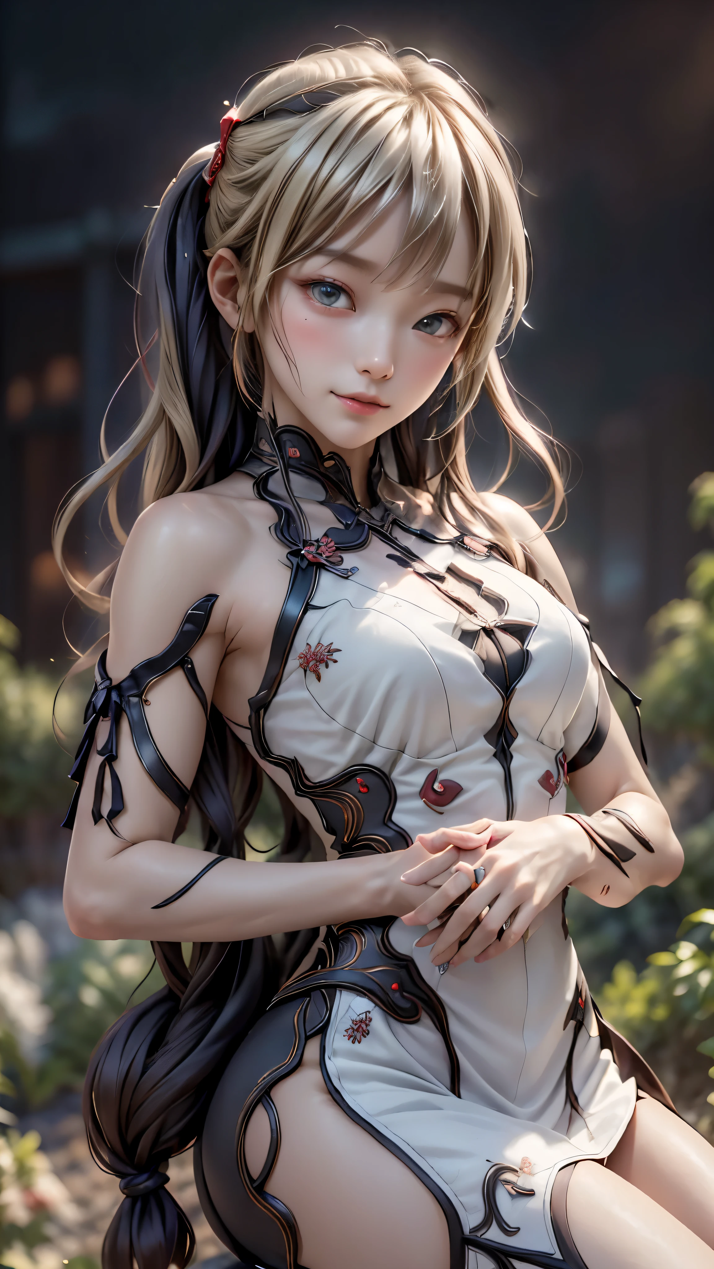 ((highest quality)), ((masterpiece)), (be familiar with:1.4), 3D, Image of a beautiful woman in a Chinese dress,nffsw(high dynamic range),ray tracing,NVIDIA RTX,super resolution,unreal 5,scattered below the surface,PBR texturing,Post-processing,anisotropic filtering,written boundary depth,maximum clarity and sharpness,multilayer texture,Albedo and specular maps,surface shading,Accurate simulation of light-matter interactions,perfect proportions,octane rendering,two-tone lighting,wide aperture,Low ISO、White balance、Rule of thirds、8,000 students、((straight long hair))(((White and red cheongsam)))(((blonde)))((************))(())