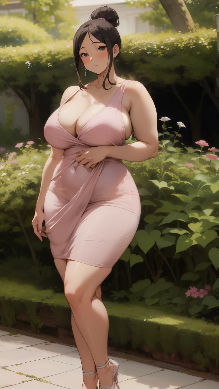 庭でポーズをとるwore a pink dress女性, attractive feminine curves, curvy hourglass illustration, alluring plus sized model, wore a pink dress, tight dress, Curvaceous. be familiar with, Wearing a pink dress, Curvaceous, soft curved shape, Curvaceous, feminine curves, hourglass illustration, plus size, low cut dress, curvy model