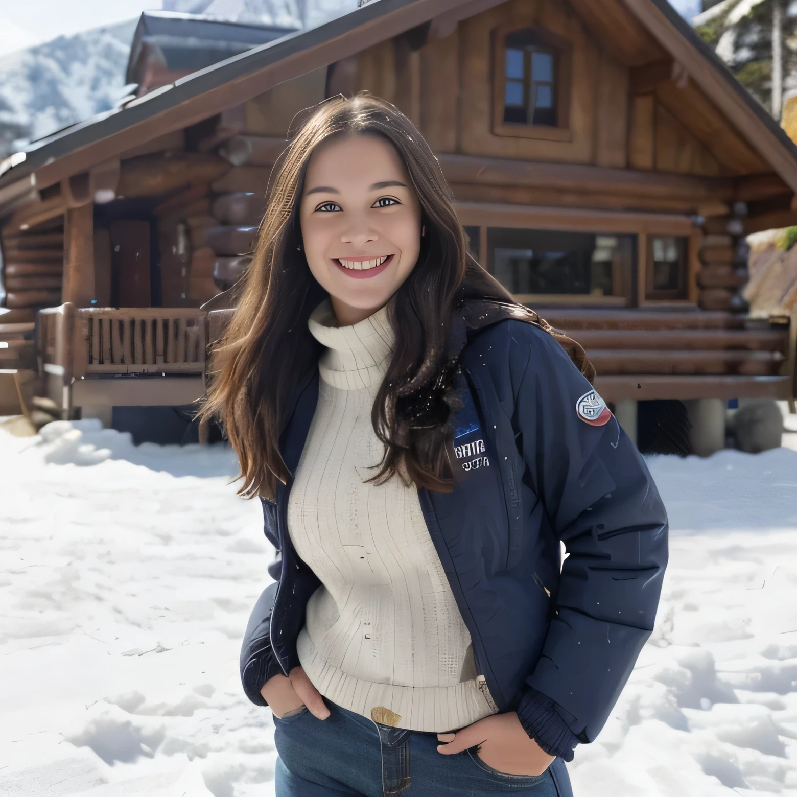 A photorealistic portrait of a 23 year old American girl standing 0utside of a ski lodge smiling at camera. Long flowing dark hair and dark blue eyes. She should be wearing white ski jacket and pants, ski gloves, ski boots, and ski goggles, and be illuminated by soft sunlight. The background should be a ski lodge with snow on the ground, lots of people walking by. Bright sunlight. Capture the image with a high-resolution photograph using 85mm lens for a flattering perspective.