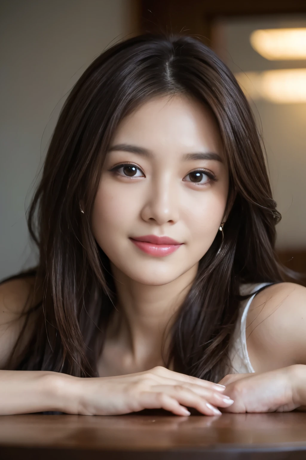 on the table, best quality, realistically, Super detailed, down to details, high resolution, 4k wallpaper, 1 beautiful woman,, light brown messy hair, wearing a suit, lock focus, Perfect dynamic composition, beautiful and delicate eyes, fine hair, 细致realistically的皮肤纹理, smiling, closeup portrait, Model body shape，42 years old