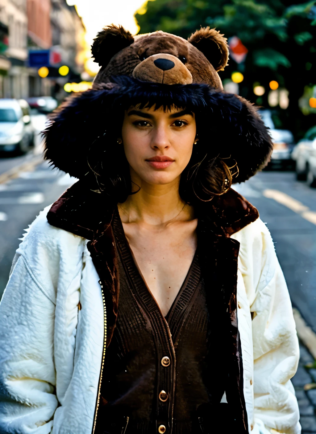 A stunning intricate color close up portrait of (sks indian woman:1) , wearing a teddy bear costume - brown furry jacket zipped and brown furry pants, furry teedy bear hat with cute ears, bug bosom, epic character composition, sharp focus, natural lighting, subsurface scattering, f2, 35mm, film grain,