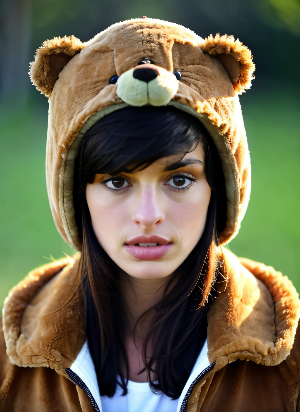 A stunning intricate color close up portrait of (sks south asian woman:1) , wearing a teddy bear costume - brown furry jacket zipped and brown furry pants, furry teedy bear hat with cute ears, epic character composition, sharp focus, natural lighting, subsurface scattering, f2, 35mm, film grain,