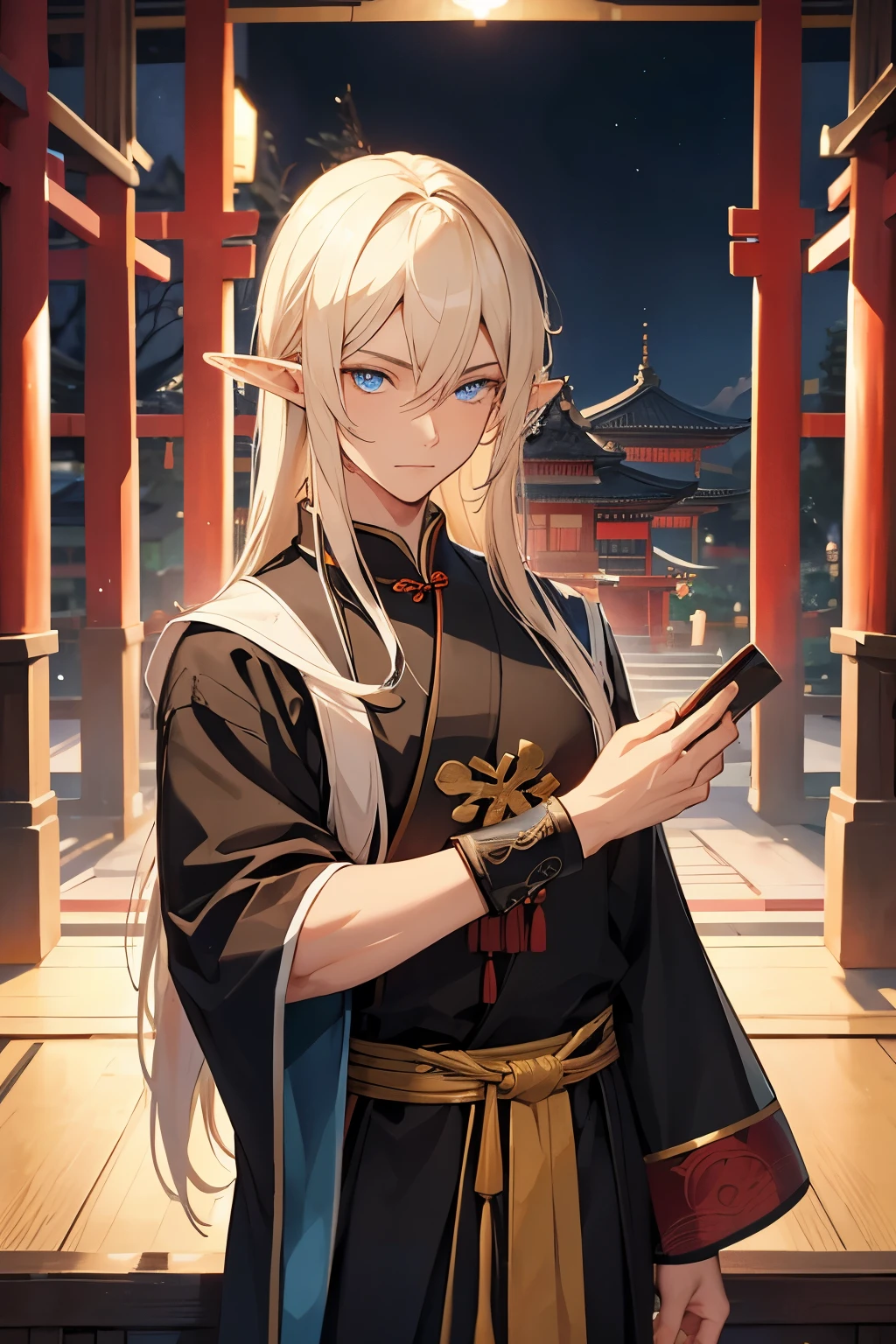 Half-elf man in traditional Chinese clothes, black, blond hair, blue eyes, against the backdrop of a Japanese temple at night
