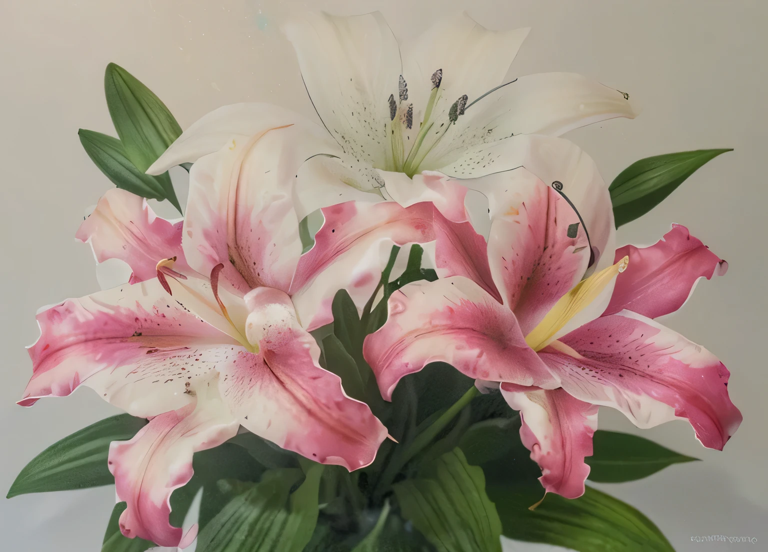Lilies should be in sharp focus, with vivid petal details, estames e pistilo.Lighting should be soft and natural, highlighting the vibrant colors of the lily.
O fundo da imagem deve ser desfocado, criando um efeito bokeh suave.The lilies must be positioned in the center of the image.
As flores devem estar ligeiramente inclinadas para a frente, creating a feeling of dynamism. Lily petals should be slightly wavy and delicate.Lily colors should be vibrant and realistic, de acordo com a variedade da flor. Gotas de orvalho podem ser adicionadas para aumentar o realismo da imagem.