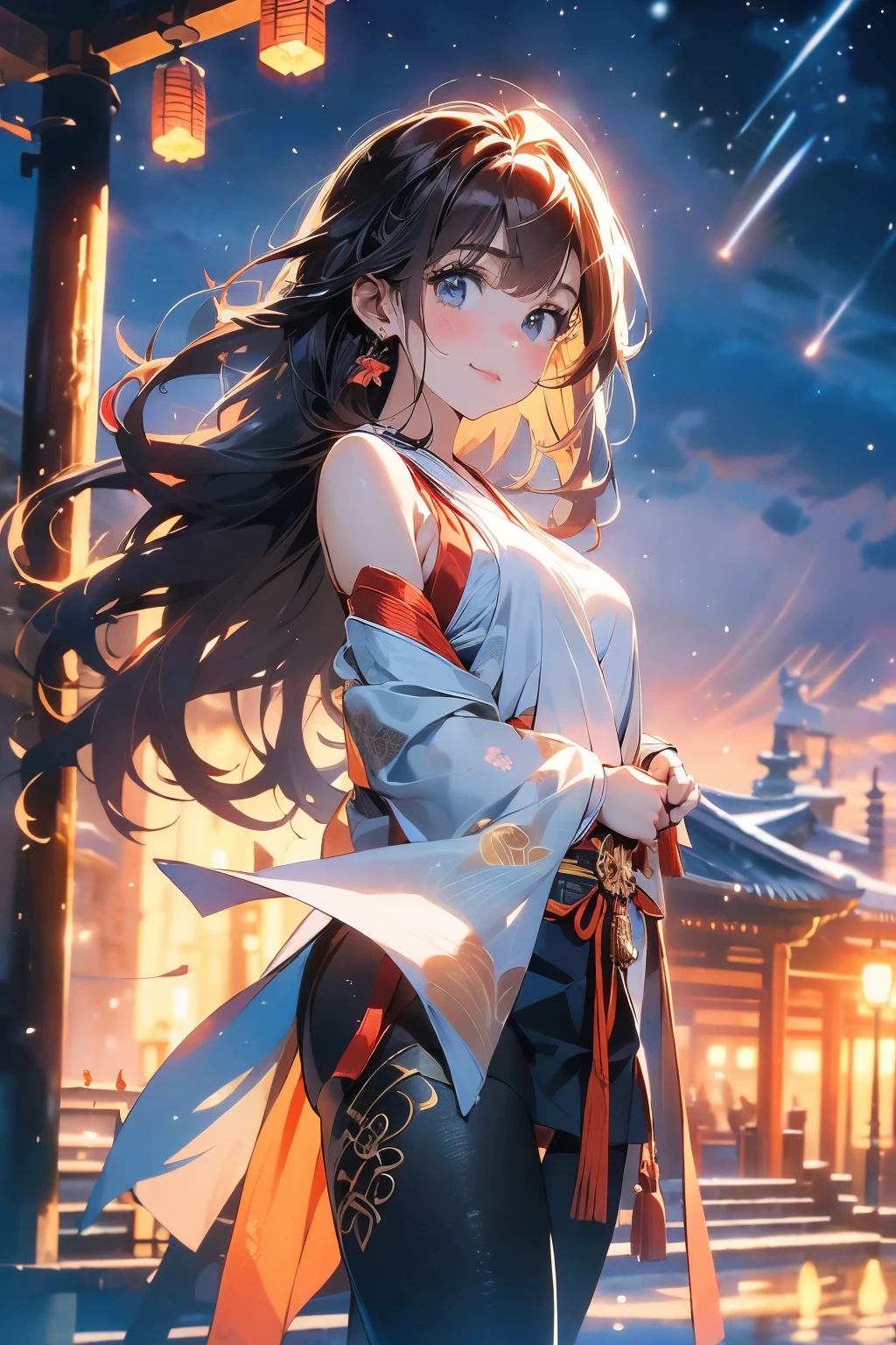 (official art、best quality、Unity 8K Wallpaper、32k、masterpiece、Super detailed、ultra high resolution、actual、Realism:1.2)、(light:1.2)、fire glow effect、film particles、best light and shadow、edge lighting、side lights、(Super detailed且复杂的 3D 渲染)、Exquisite and beautiful face,blue eyes,reddish brown hair,medium breasts, Perfect body,Smile,(Super delicate skin、Detailed skin texture:1.3, blush:1.2)、see whole body,looking into camera, Anime CG style, ((Red gorgeous Hanfu,Show chest,bare shoulders,Black tights)), Hot springs,Deep mountain hot spring, (wind blows hair,bare shoulders,exposing her chest,Black tights) , night time,full moon snowing
