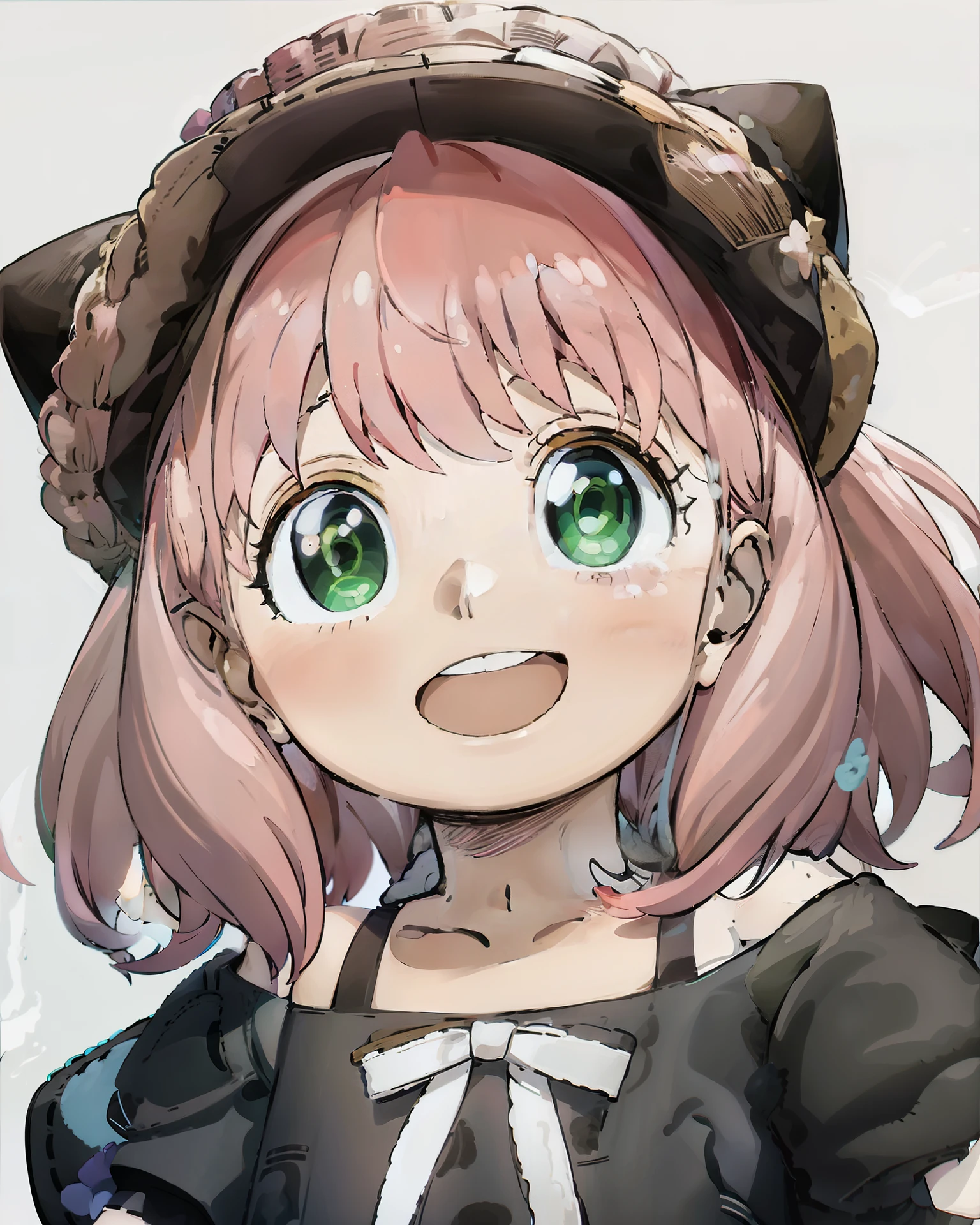 An anime girl with pink hair and green eyes with a surprised expression on her face and a black cat hat, (1girl:0.992), (:d:0.583), (bangs:0.701), (blush:0.584), (Green Eyes: 0.992), (Looking at the Audience: 0.711), (Open Mouth: 0.760), (Pink Hair: 0.917), (Ribbon: 0.826), (Short Hair: 0.571), (Smile: 0.855), (Solo: 0.949), (Teeth: 0.770), (Upper Body: 0.760)