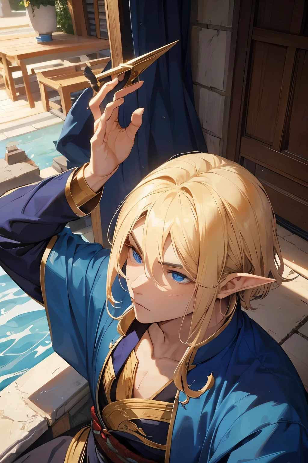 Half-elf man in Asian clothes, blond hair and blue eyes