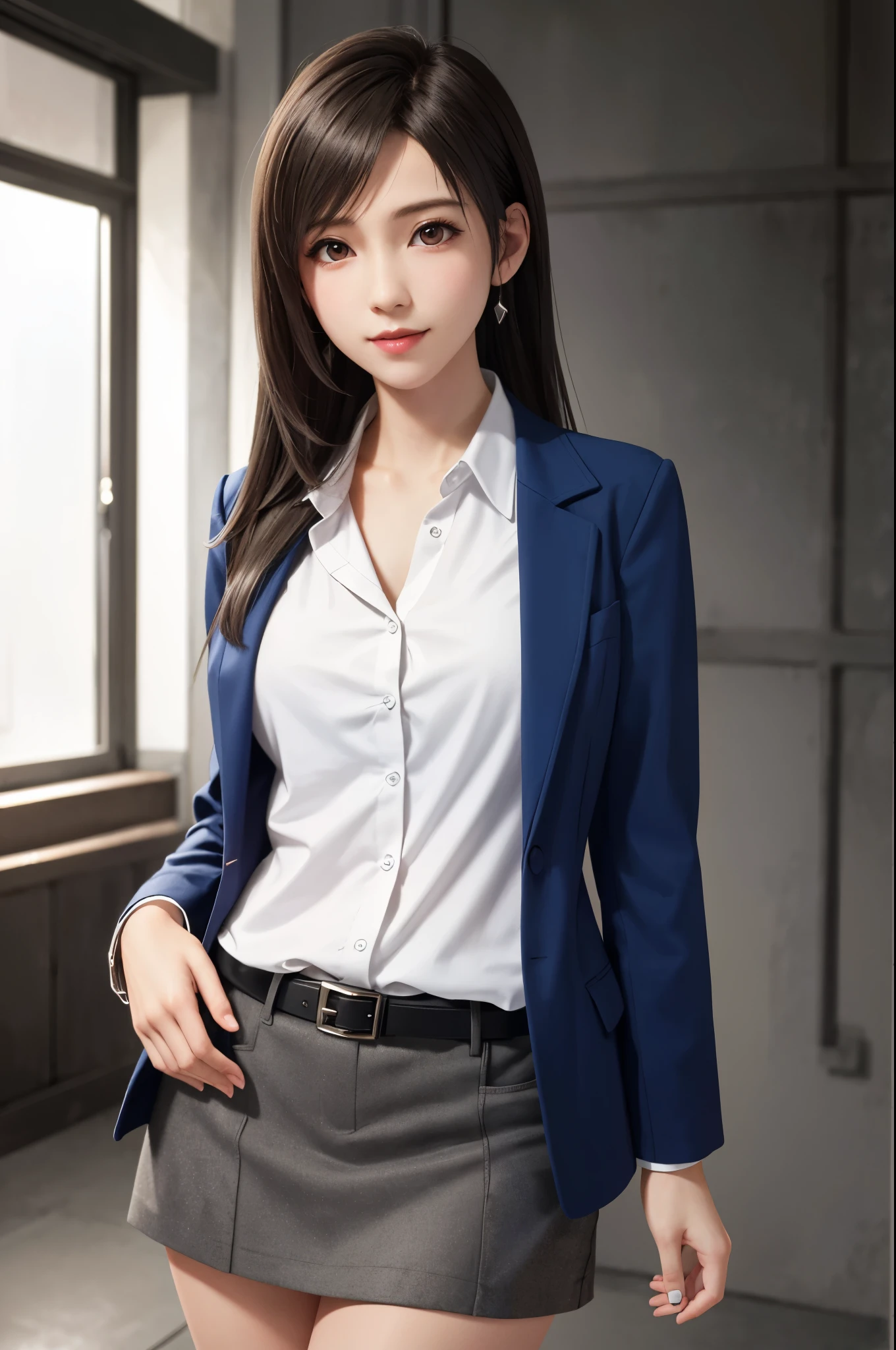 (top quality, masterpiece: 1.1), (Realistic: 1.3), BREAK (((FF7,Tifa_lockhart))),(solo,Tifa:1.2),(Japanese ,office lady, clk, vest, blue suit, blue pencil miniskirt, white shirt, silk scarf, black pantyhose:1.3) ,(office, indoor),(sexy pose:1.1),Ultra-detailed face, Detailed eyes, Red eyes, BREAK (((FF7,Tifa_lockhart))),(light brown hair, Large breasts: 1.2), BREAK (Small and beautiful hard nipple) About 18 years old, kawaii, smile, zettai_ryouiki:1.1, cowboy shot