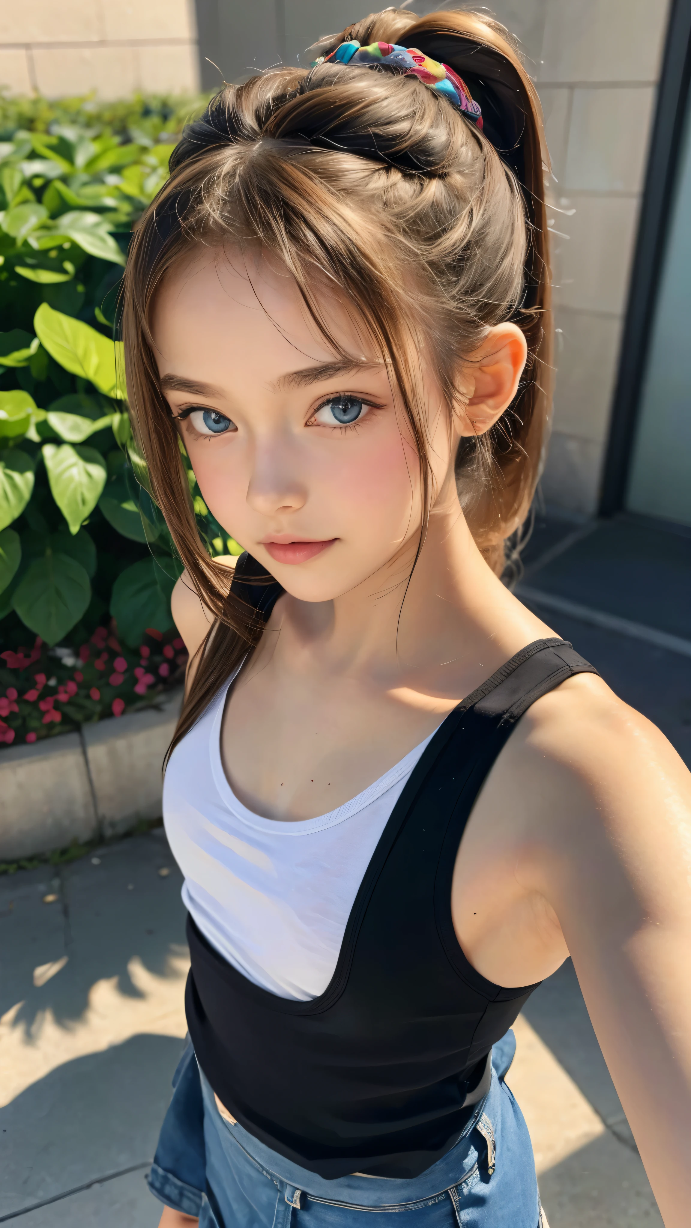 ************, adorable, British girl, ************, portrait ,Tank top((mini skirt))、Thighs Thighs Nose:1.1), hair scrunchie, Beautiful ponytail  , (high color saturation,catch light:1.0),  (highly detailed skin), (highest quality:1.0), (ultra high resolution:1.0) ,(realistic:1.0), (Super detailed:1.0), (8K, RAW photo:1.1),( smile:0.8),looking at the viewer