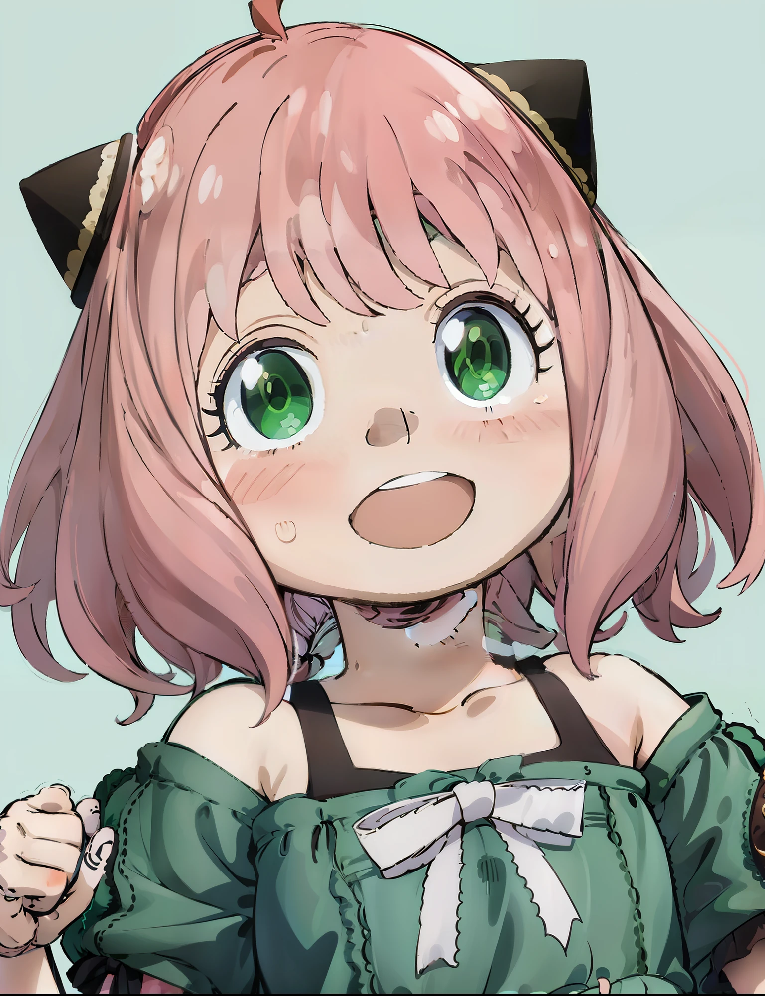 An anime girl with pink hair and green eyes with a surprised expression on her face and a black cat hat, (1girl:0.992), (:d:0.583), (bangs:0.701), (blush:0.584), (Green Eyes: 0.992), (Looking at the Audience: 0.711), (Open Mouth: 0.760), (Pink Hair: 0.917), (Ribbon: 0.826), (Short Hair: 0.571), (Smile: 0.855), (Solo: 0.949), (Teeth: 0.770), (Upper Body: 0.760)