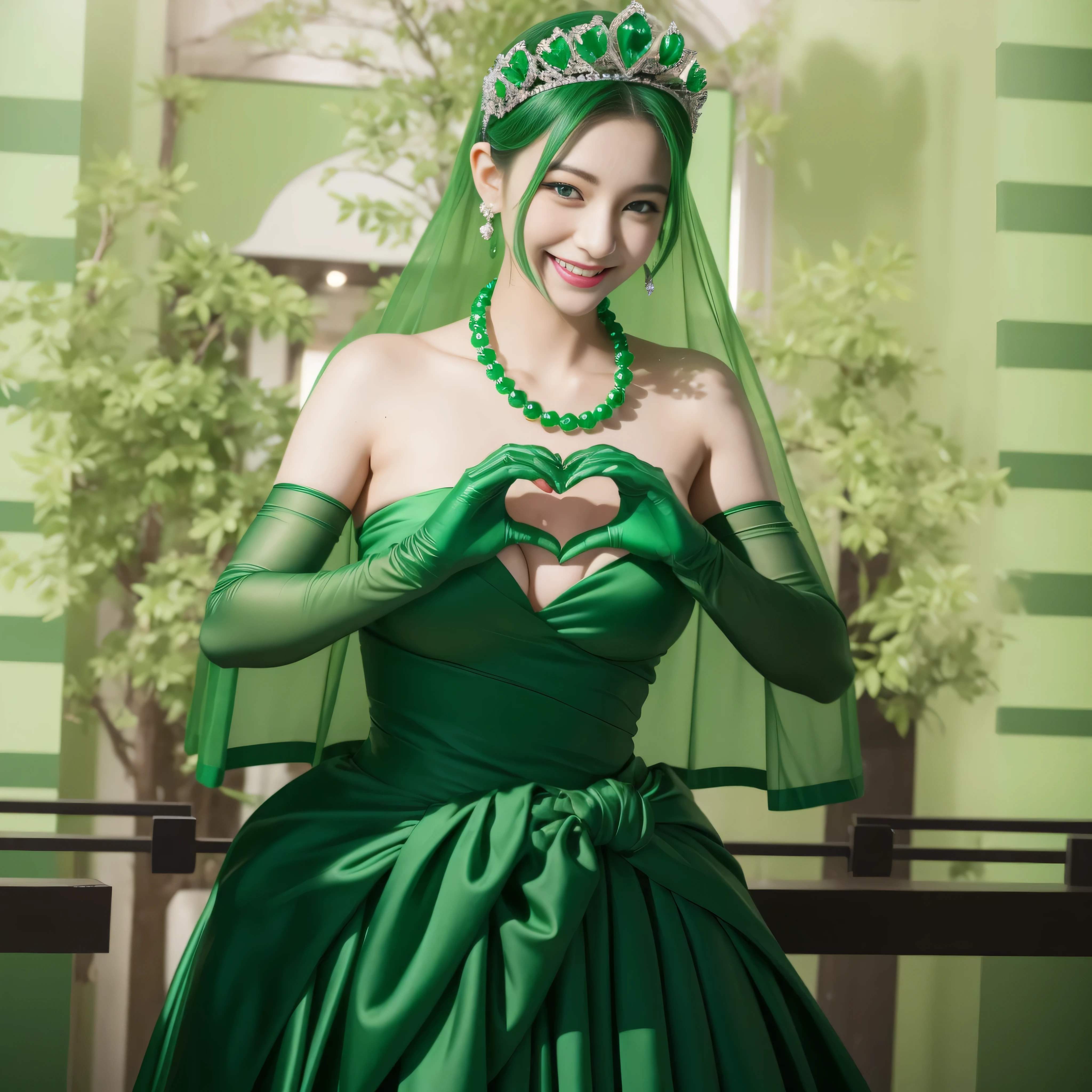 emerald tiara, green pearl necklace, ボーイッシュな非常に短いgreen hair, lipstick, smiling Japanese woman, very short hair, Beauty with large breasts, green eyes, Long Green Satin Gloves, green eyes, emerald earrings, green veil, heart with both hands, green hair, beautiful japanese woman, heart shaped hand:1.3, green lip gloss