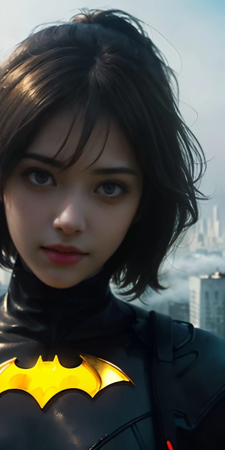 (1 girl:1.3), alone, (((Very detailed face)))), ((very detailed eyes and face)))), beautifulディテールの目, body parts__, official art, unified 8k wallpaper, Super detailed, beautiful and beautiful, beautiful, masterpiece, 最high quality, original, masterpiece, ultra-detailed photos, 最high quality, ultra high resolution, realistic realism, sunlight, Upper body、amazing beauty, dynamic pose, delicate face, lively eyes, (from the front), She wears a Batman suit, Red and black color scheme, Highly detailed city roof background, rooftop, overlook the city, detailed face, Detailed complex and busy background, Messy, nice, milky, highly detailed skin, realistic skin details, visible pores, clear focus, volumetric fog, 8K UHD, Digital single-lens reflex camera, high quality, film grain, Fair skin, photorealism, lomography, Futuristic dystopian megalopolis, translucent