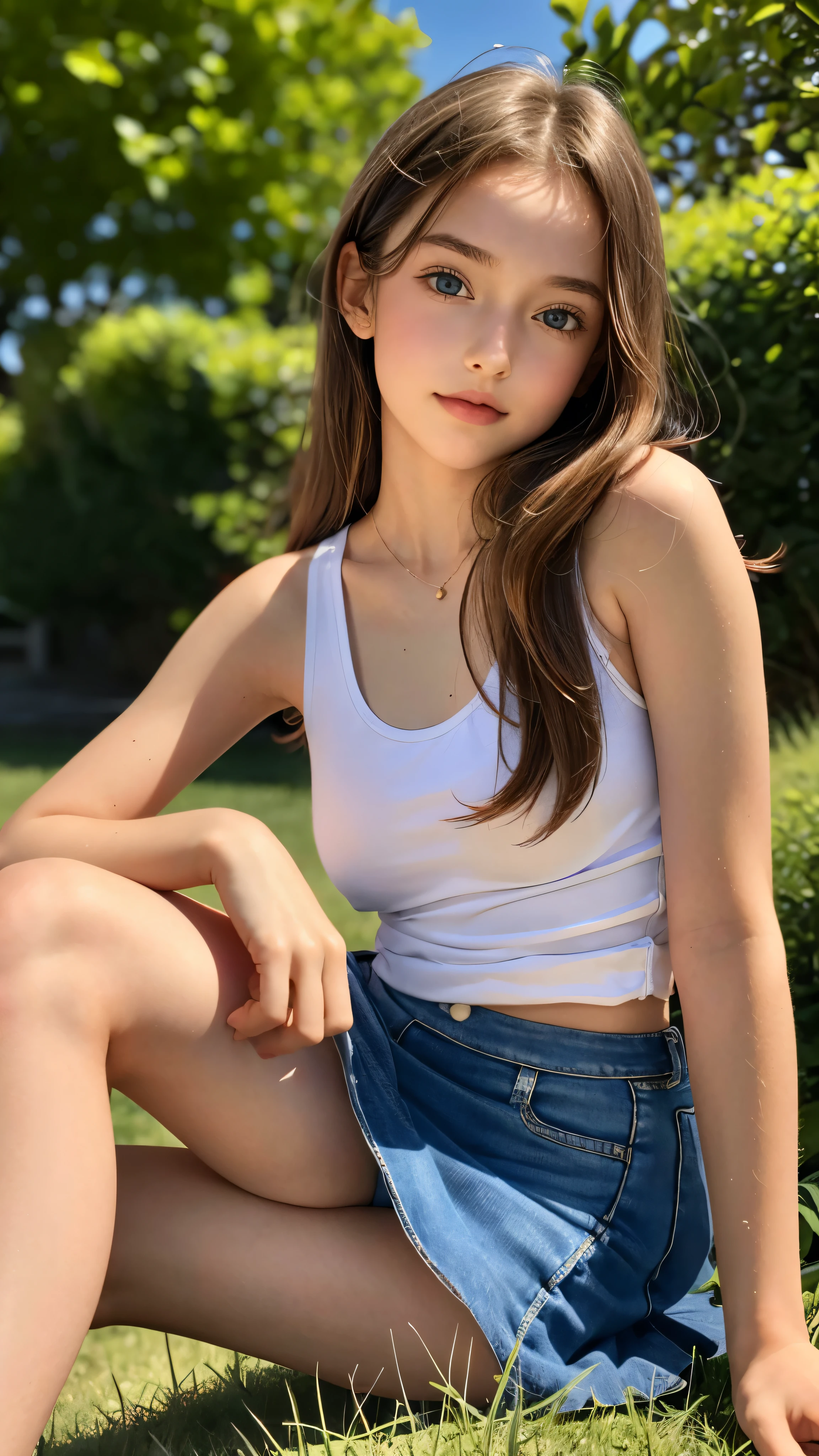 18-year-old, adorable, British girl, , portrait ,Tank top((mini skirt))、Thighs Thighs Nose:1.1), , (high color saturation,catch light:1.0), (highly detailed skin), (highest quality:1.0), (ultra high resolution:1.0) ,(realistic:1.0), (Super detailed:1.0), (8K, RAW photo:1.1),( smile:0.8),looking at the viewer