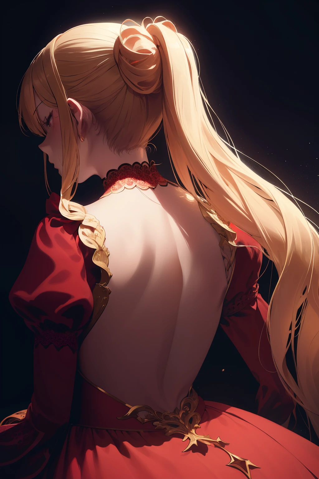 particles of light, soft lighting, volume lighting, intricate details, in detail,

1 girl, alone,

blonde hair, long hair, high ponytail,

red eyes, long eyelashes, thick eyelashes, looking at the viewer,

red dress, ornate dress, backless dress, puffy sleeves, juliet sleeves, (long sleeve:1.2), red bow,

black background, simple background, from behind,

