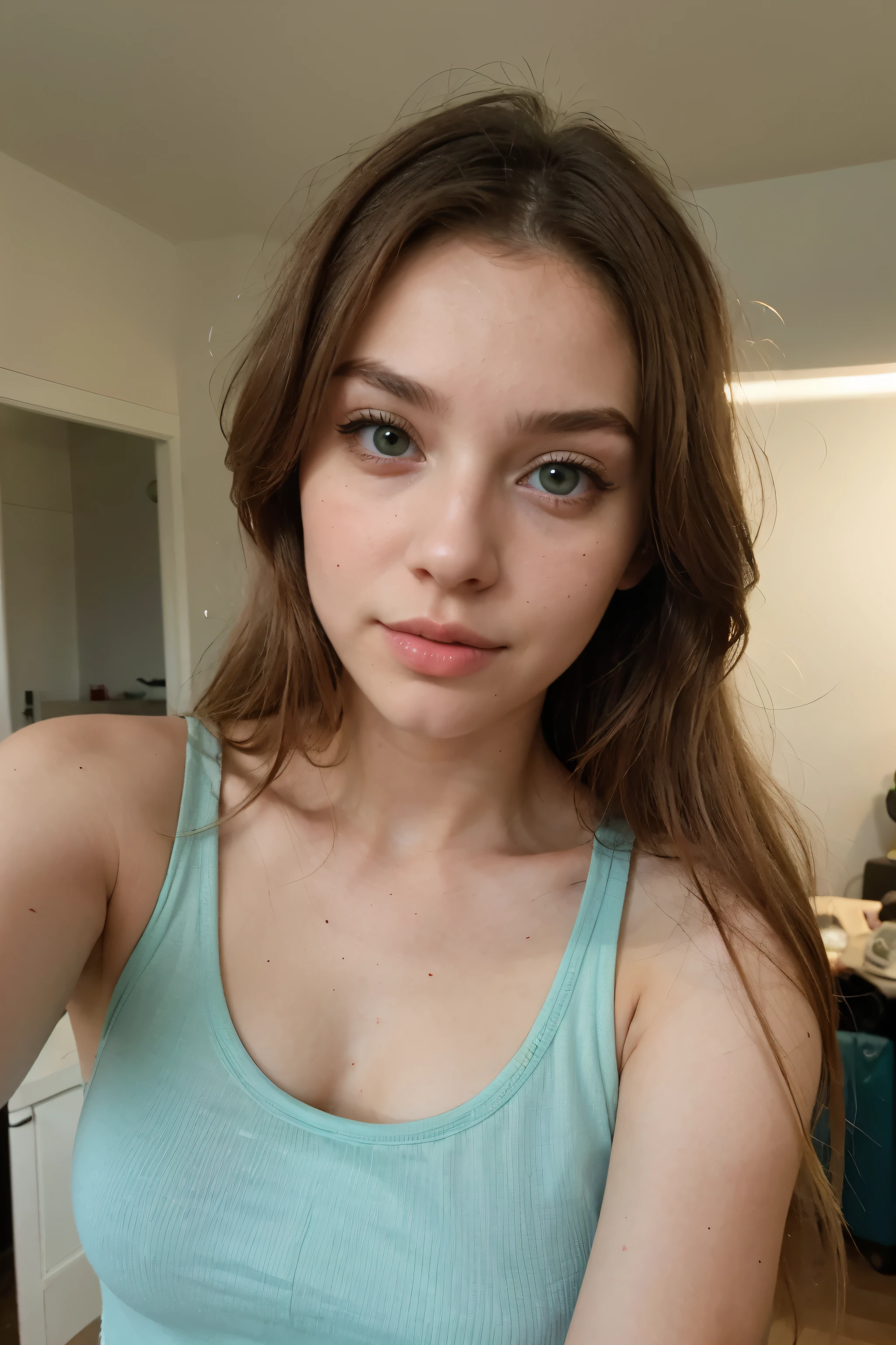 The selfie of a 21 year old European girl with long voluminous blonde hair, slim nose big plump lips, perfect blue-green eyes, long lashes, natural Makeup and with a tank top