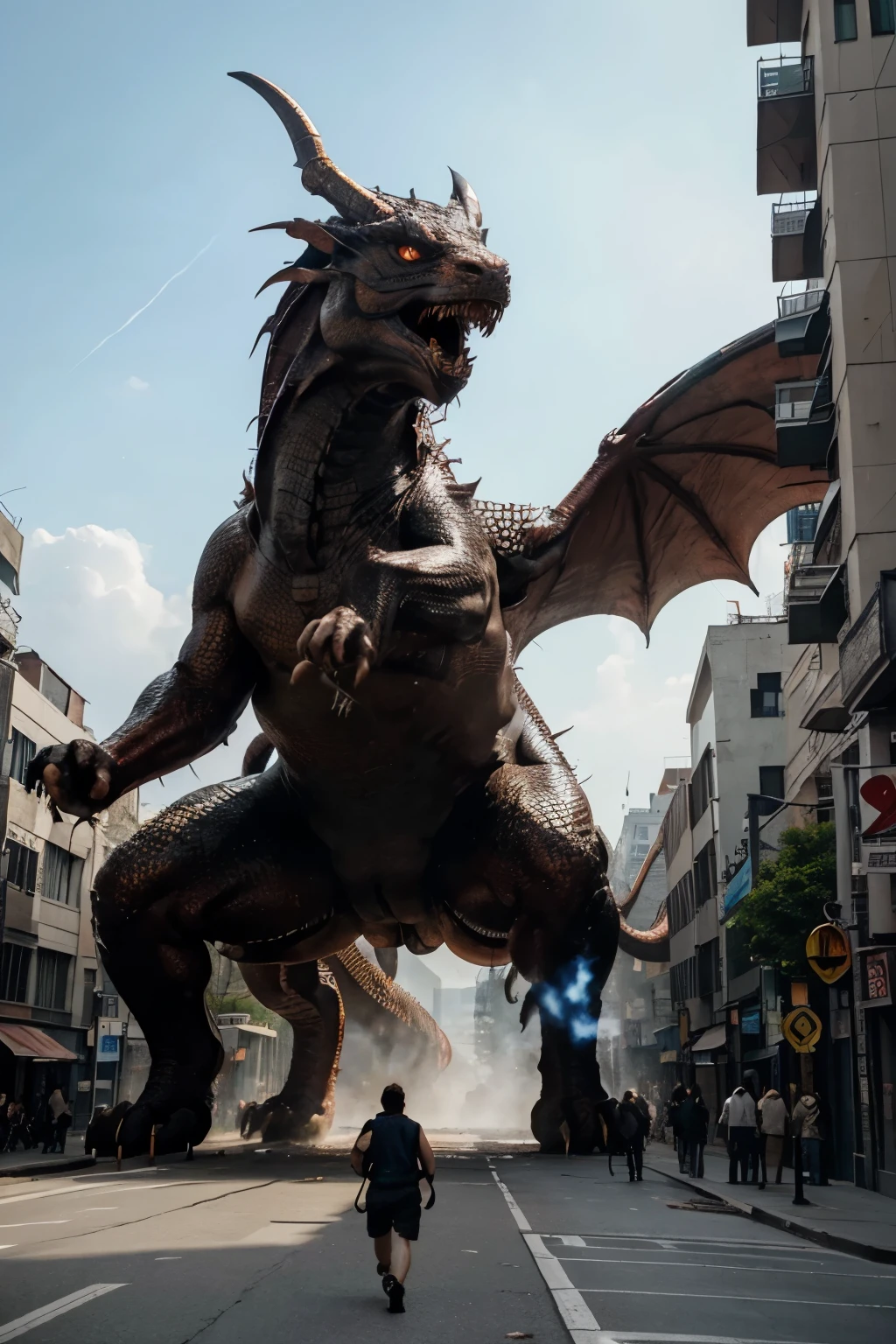 8K、best quality、masterpiece、ultra high resolution、(Trueness:1.4)、original photo、(True skin texture:1.3)depicting a huge dragon,it stands in the center of the city,Stirring。
The body of the dragon must be very huge,Let people feel its power and majesty。The background sky is dim!
The dragon spits out huge flames from its mouth,The flame must have a strong visual impact。
The city should be surrounded by ruins.,buildings collapsed,vehicle destroyed,smoky。
The crowds in the city should be in a state of panic,People running away or hiding should be depicted in detail。
To show the anger and threat of the dragon,Let the viewer feel its horror and sense。