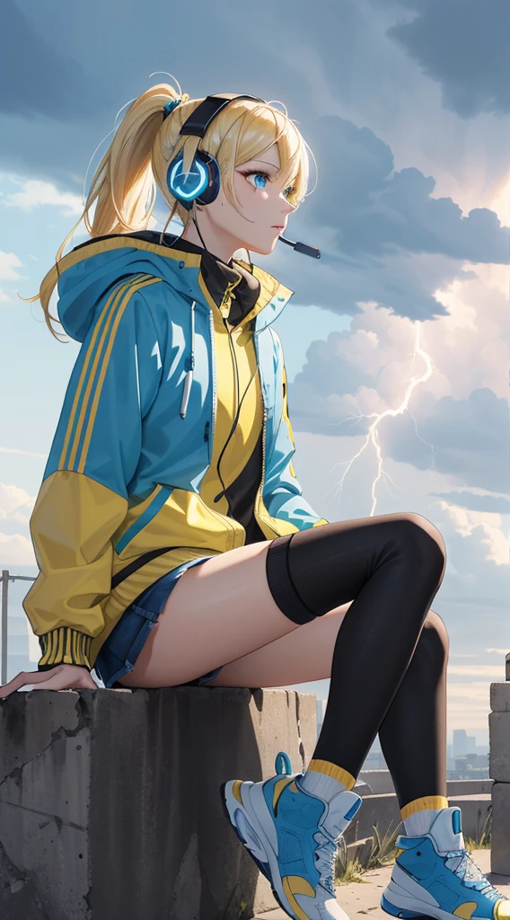 masterpiece,High resolution,Streaks of Light,lightning,intense thunder,thunderbolt,Yellow thunder,girl,blonde,ponytail,blue eyes,futuristic design headphones,Light blue headphones,yellow jacket,Light blue inner,sit,Black High Knee Socks,Absolute area,pale yellow sky