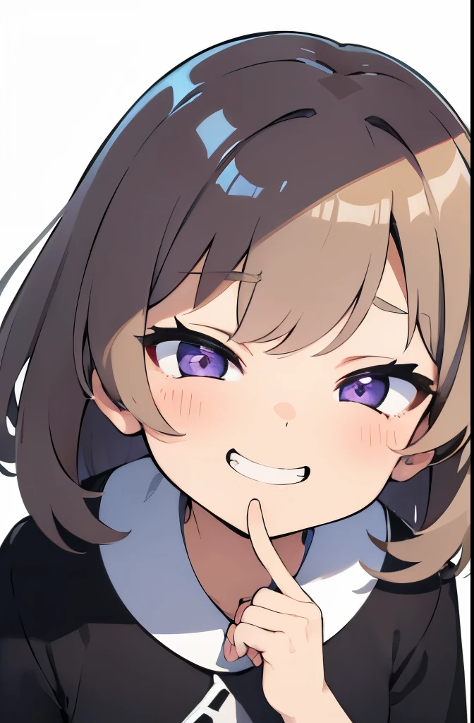 girl、light brown gray hair、hairstyle side up、Blue-purple eyes、slanted eyes、Black Jersey、simple、morning、Grinning face、mini character