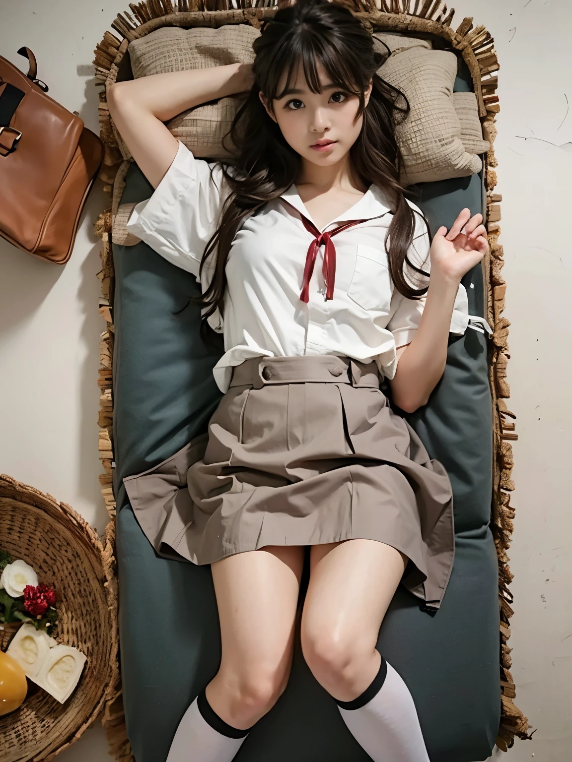 ((highest quality, 8K, masterpiece:1.3, realistic:1.3)), {{lying in bed, From above, dakimakura}}, Japanese high school girl, single woman,  very light brown hair, With bangs, (japanese uniform, socks, thick thighs,Save the song on the cotton side), Highly detailed face and skin texture, fine eyes, detailed lips, Very detailed hair depiction, face to face with the children,  embarrassed look, natural makeup:1.0,skirt lift,pantyhose,