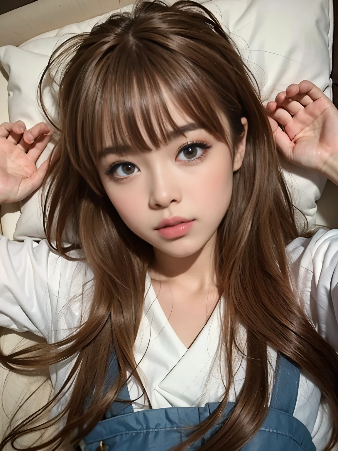 ((highest quality, 8K, masterpiece:1.3, realistic:1.3)), {{lying in bed, From above, dakimakura}}, Japanese high school girl, single woman,  very light brown hair, With bangs, (japanese uniform, socks, thick thighs,Save the song on the cotton side), Highly detailed face and skin texture, fine eyes, detailed lips, Very detailed hair depiction, face to face with the children,  embarrassed look, natural makeup:1.0,skirt lift,pantyhose,