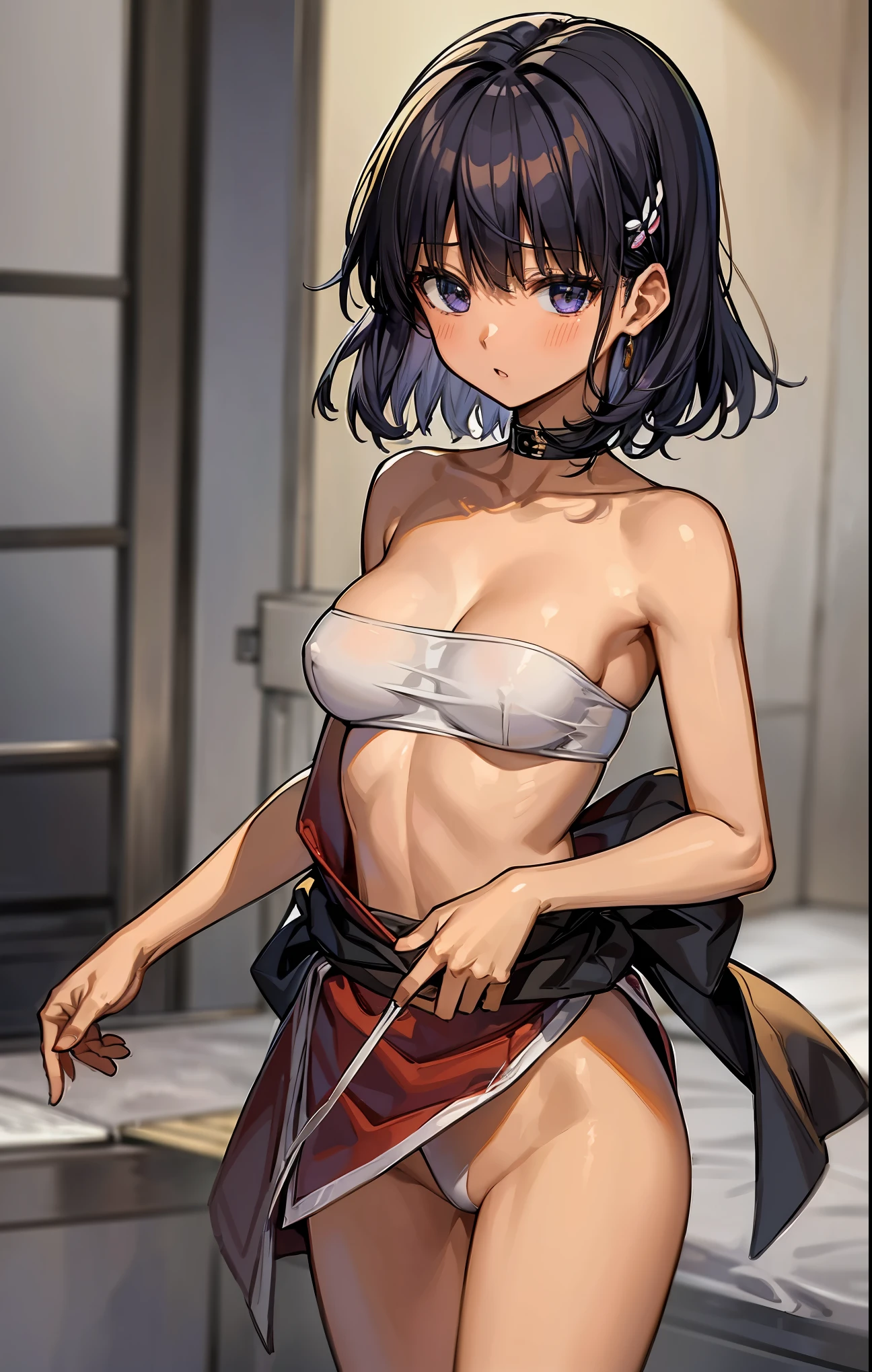 (masterpiece, best quality;1.3),extremely beautiful detailed anime face and eyes,extremely detailed illustrations,1girl, solo, 18歳、detailed skin, dark skin,(学園服姿:1.5、襟付きの白色シャツ,プリーツ入りミニスカート),ideal ratio body proportions,slender body,medium breast,cowboy shot, 恥ずかしげな表情、 nadia,short cut hair,dark purple hair,standing, sadamoto yoshiyuki,繁華街、東京、