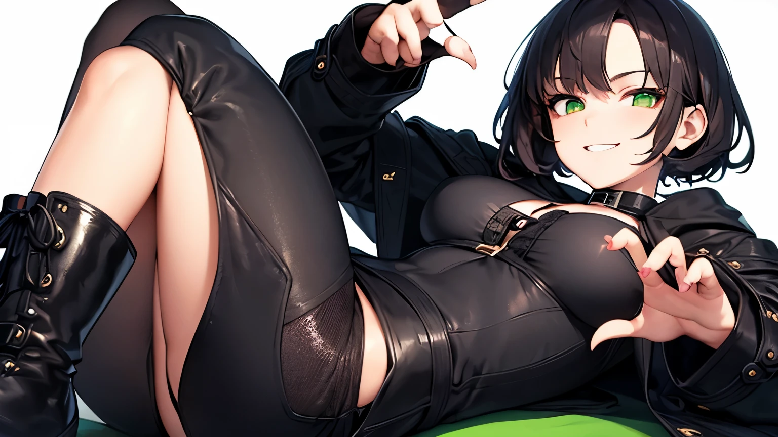 ((Best quality)), ((masterpiece)), (detailed), perfect face, One girl, black long sleeve coat, black top, black shorts, black high combat boots, stands tall, short black hair, green eyes, nice smile, ((Perfect fingers)), ((best fingers)), ((detailed fingers)), ((detailed fingers))