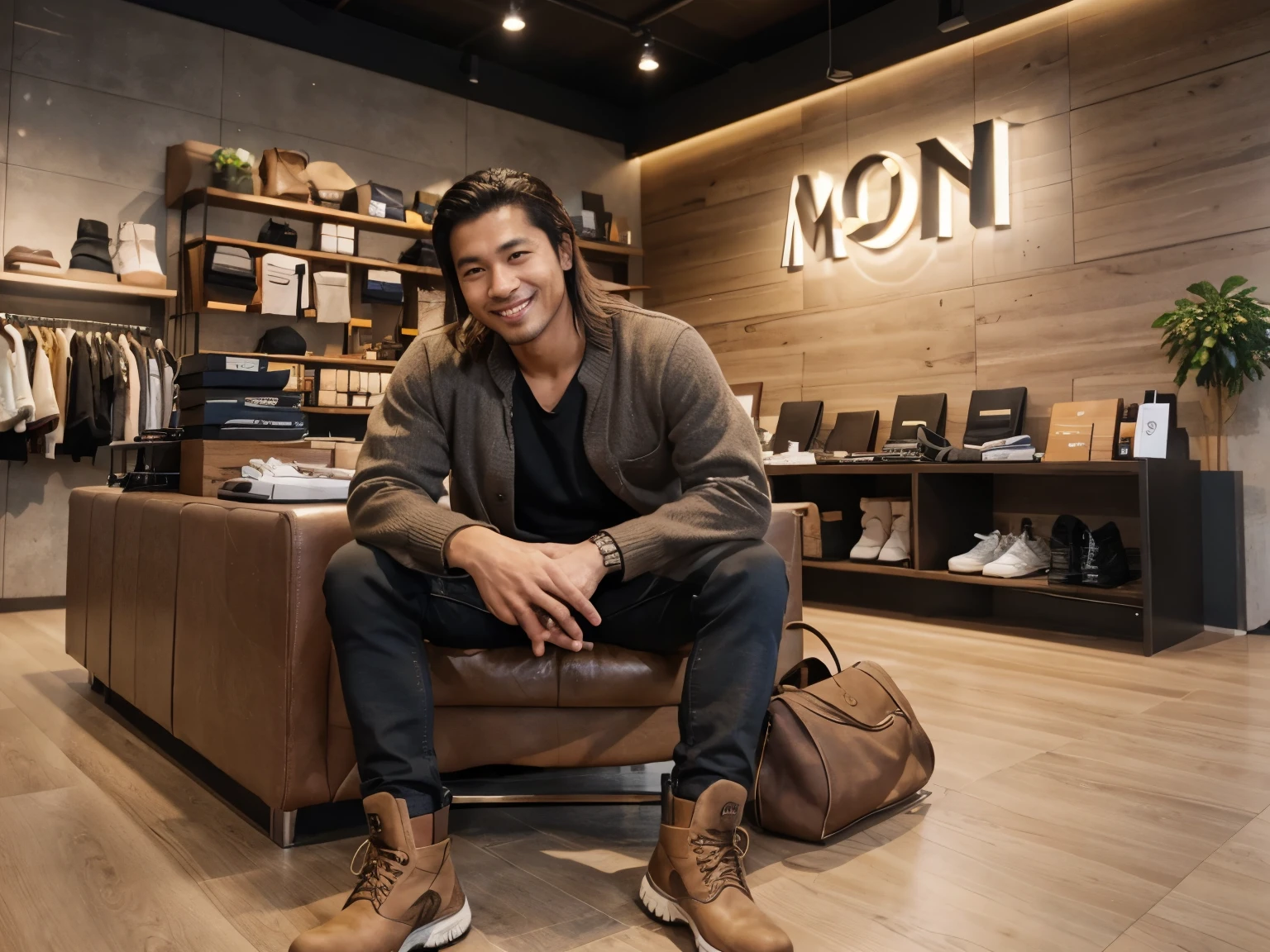 a handsome Asian man with mullet hair and brown skin wearing a cardigan type jacket and Timberland boots, sitting on brown chair in front of the cashier's desk in a retail store with a modern design, abstract gray walls, large waiting on the wall with the text "Mam Store" glowing in a gold and a display unit metal boxes and display Cases glow softly with various item such a shoes, distro t-shirt, smiling face looking at camera