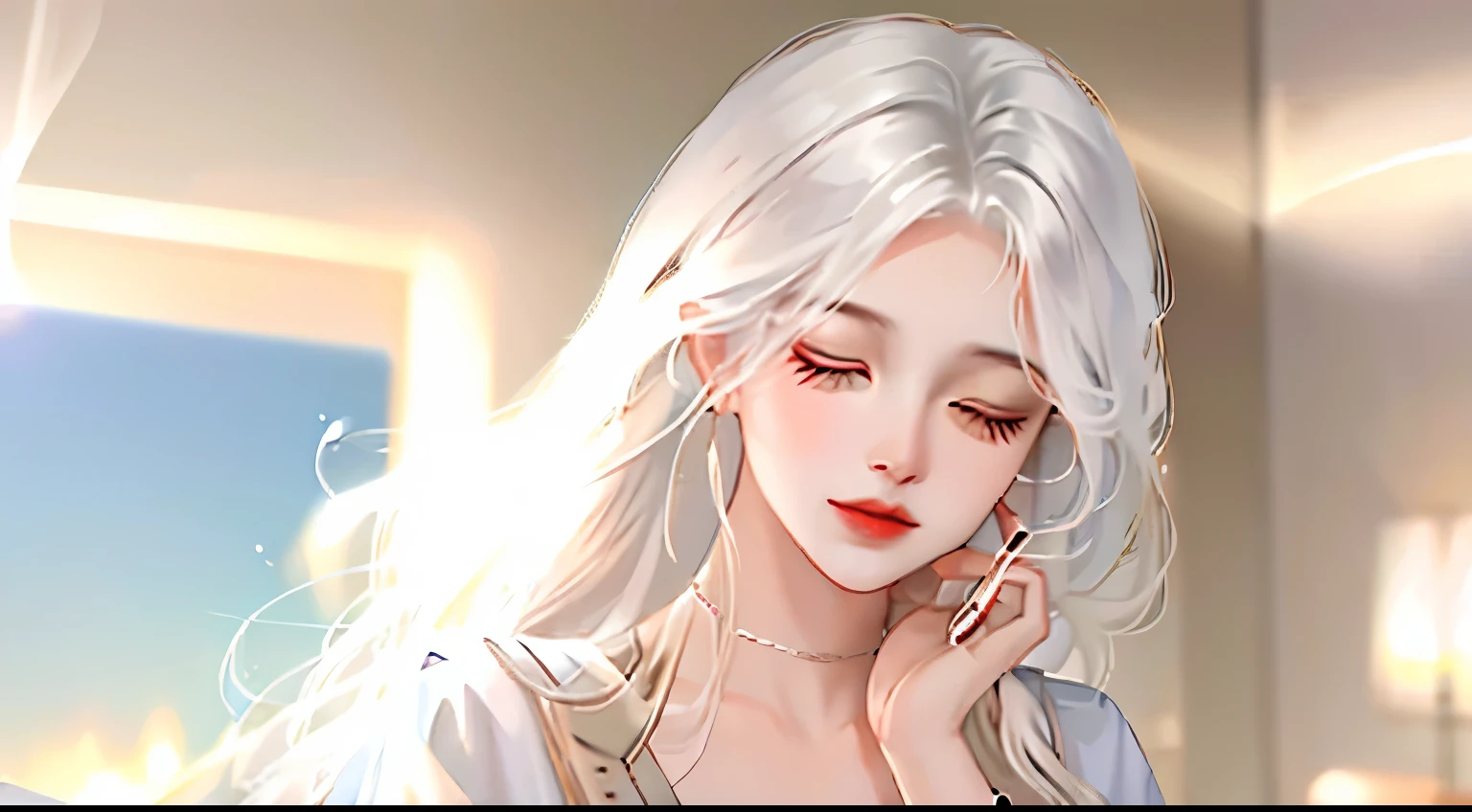 a young girl with white hair, eyes closed, holding her hands together in a prayer in an empty white space