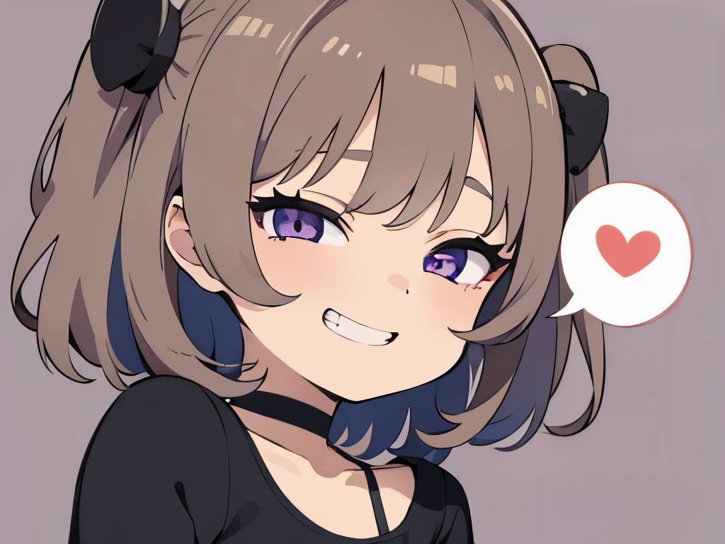girl、light brown gray hair、hairstyle side up、Blue-purple eyes、slanted eyes、Black Jersey、simple、morning、Grinning face、mini character