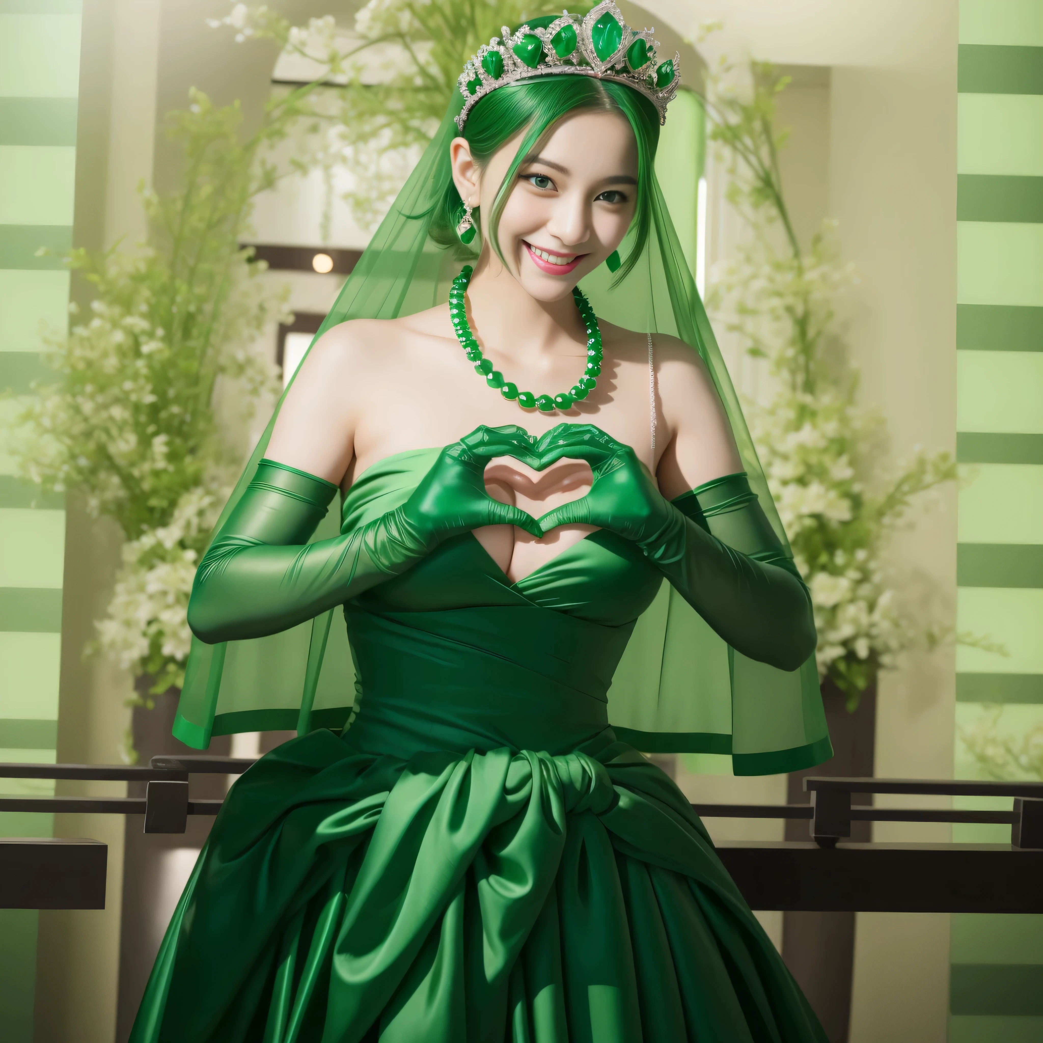 emerald tiara, green pearl necklace, ボーイッシュな非常に短いgreen hair, lipstick, smiling Japanese woman, very short hair, Beauty with large breasts, green eyes, Long Green Satin Gloves, green eyes, emerald earrings, green veil, heart with both hands, green hair, beautiful japanese woman, heart shaped hand:1.3, green lip gloss