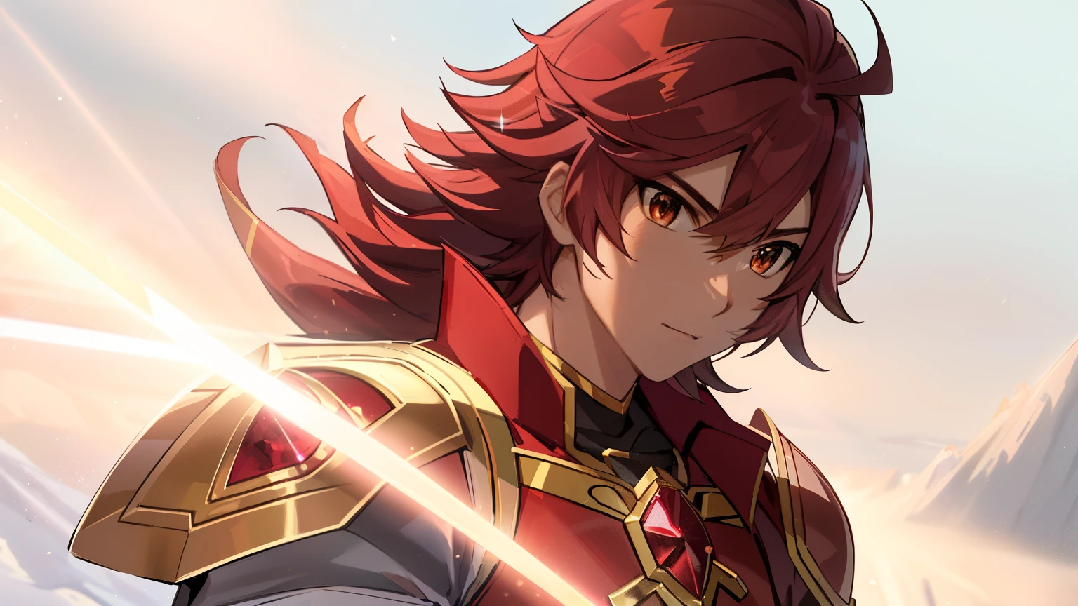 Close-up of a man in a white leotard costume holding a sword, Knight of Zodiac Boy, Portrait Knight of Zodiac Boy, A boy ************, Red medium-long hair boy, Boy with brown eyes, muscular man, masculine and muscular, Shining ruby armor, 魅惑的なPrince Knight, Dressed in light armor, leotard armor boy, Shiny ruby armor, Galactic Prince, leotard with an white, Crystal Ruby Armor, Hymns to the King as a Prince, armor with an crystal ruby, High quality anime art style, Smooth anime CG art, Prince Knight, digital manga art, magical boy anime magic boy, Prince of Ruby, Ruby reflective armor, whole body