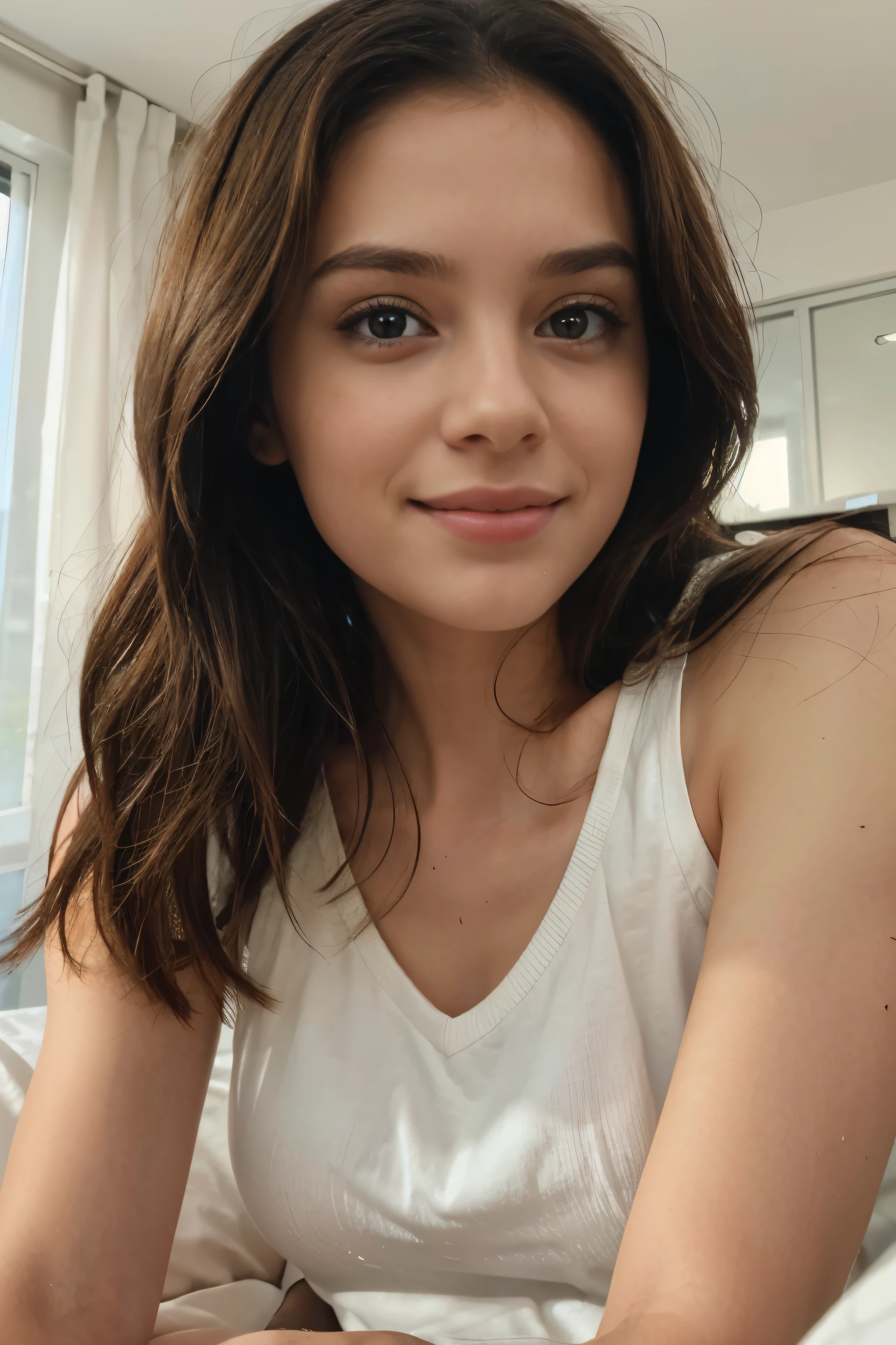 (1girl), brown hair and eyes, Amazing face and eyes, They are smiling, energy, vitality, sportswear, (Best quality:1.4), wallpaper Extremely detailed 8k unified CG, Highly detailed, high definition RAW color photos, professional photography, Realistic portrait, (bedroom), white wallpaper, portrait, Feeling of , (View from below:1.1) girl next door, 19 year old, sexy, cute, sweety