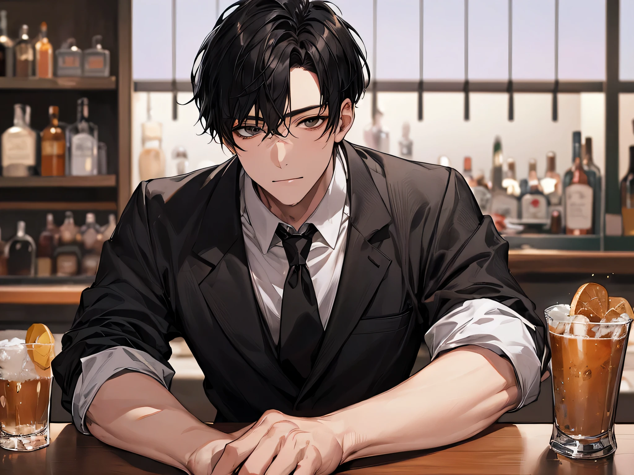 masterpiece, highest quality,portrait,1 male, black hair, alone, Bar waitress