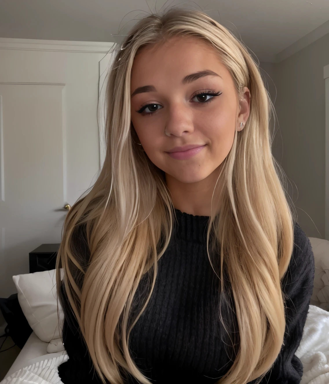 photo of Breckie Hill, best quality, she is wearing a black sweater, soft lighting, gorgeous, blonde woman