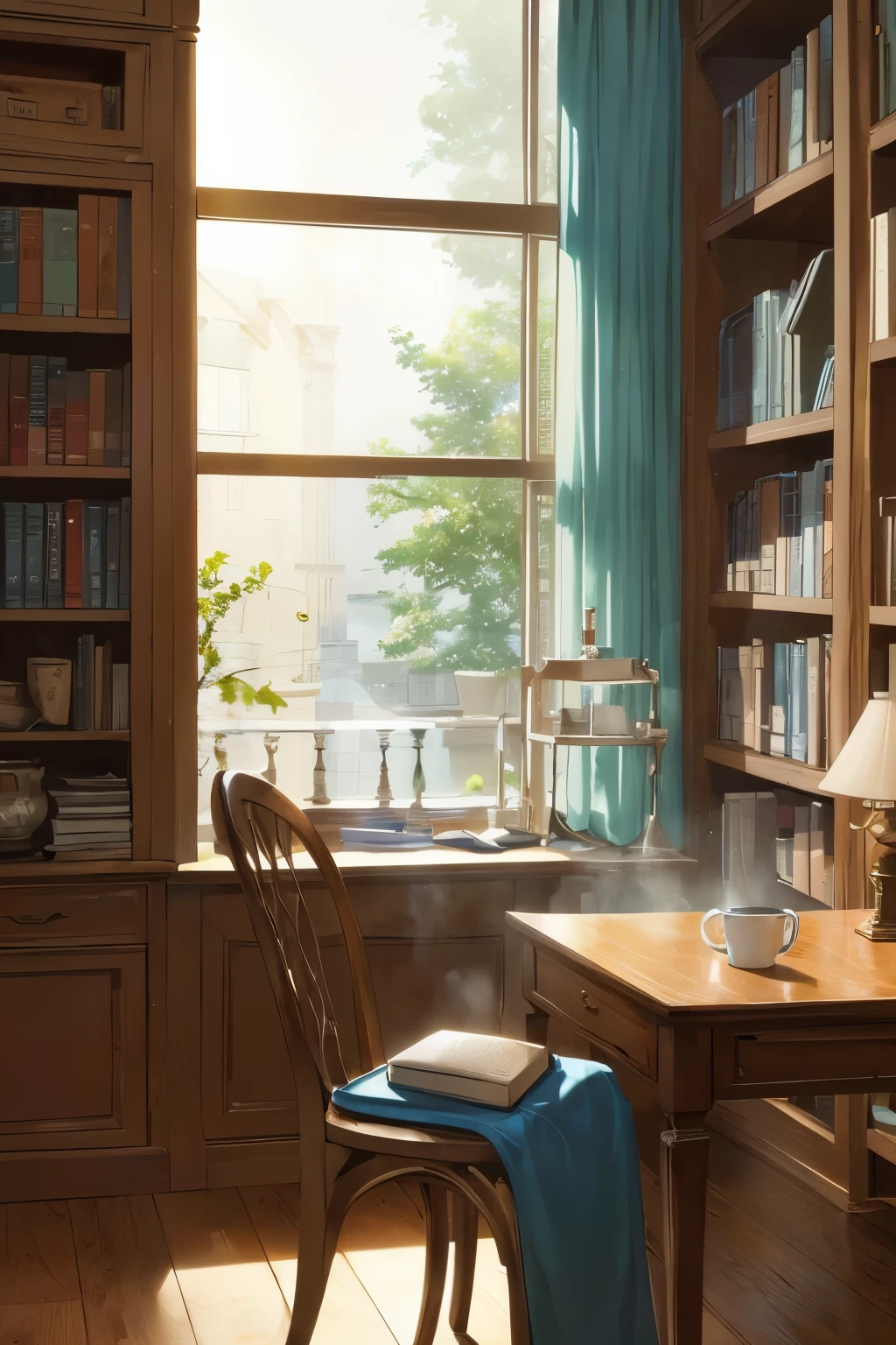 Amidst the tranquil ambiance of a serene study, a light blue hot cafe mug gracefully occupies the foreground, its steaming contents beckoning with an inviting warmth. The mug's window reveals an enchanting landscape of a bustling library beyond, where ancient books and scrolls line the shelves, each page brimming with a wealth of knowledge and wisdom. In the background, the wooden table stands alone, devoid of any presence, evoking a sense of solitude and introspection. The crisp lines and intricate details of the mug's design shine in the soft, ambient light, casting intriguing shadows and reflections on the prist