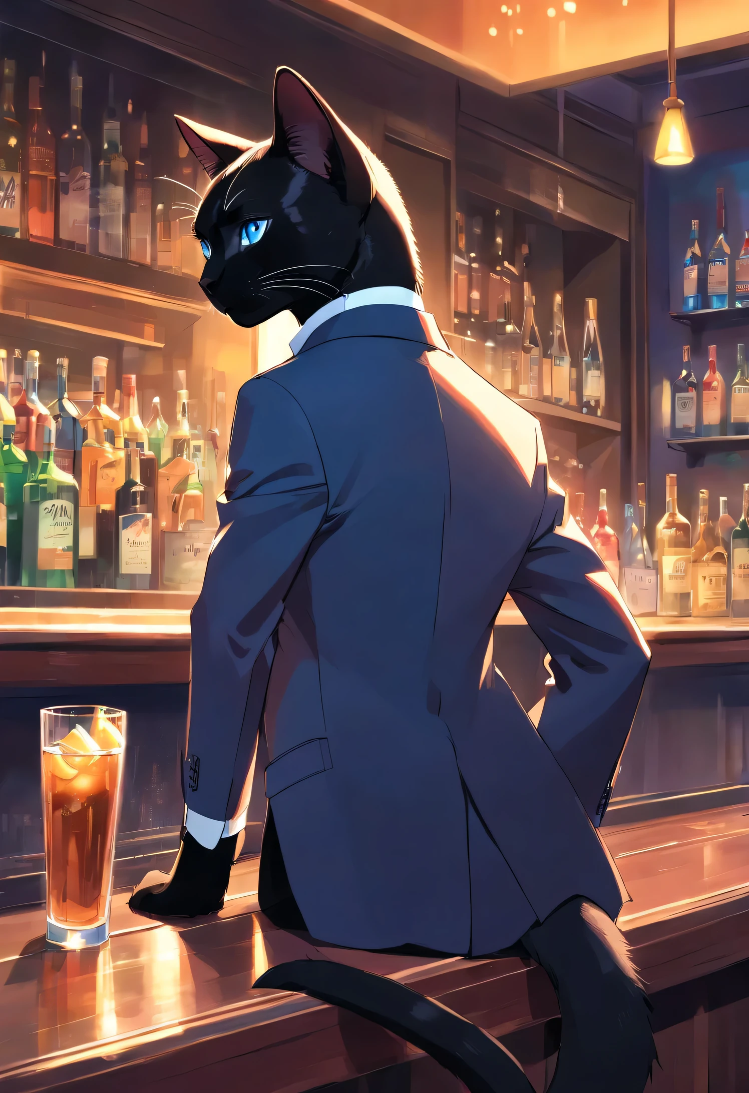 black siamese cat in suit,blue eyes,masculine look,A desolate appearance,Drink at the bar,tears flow
