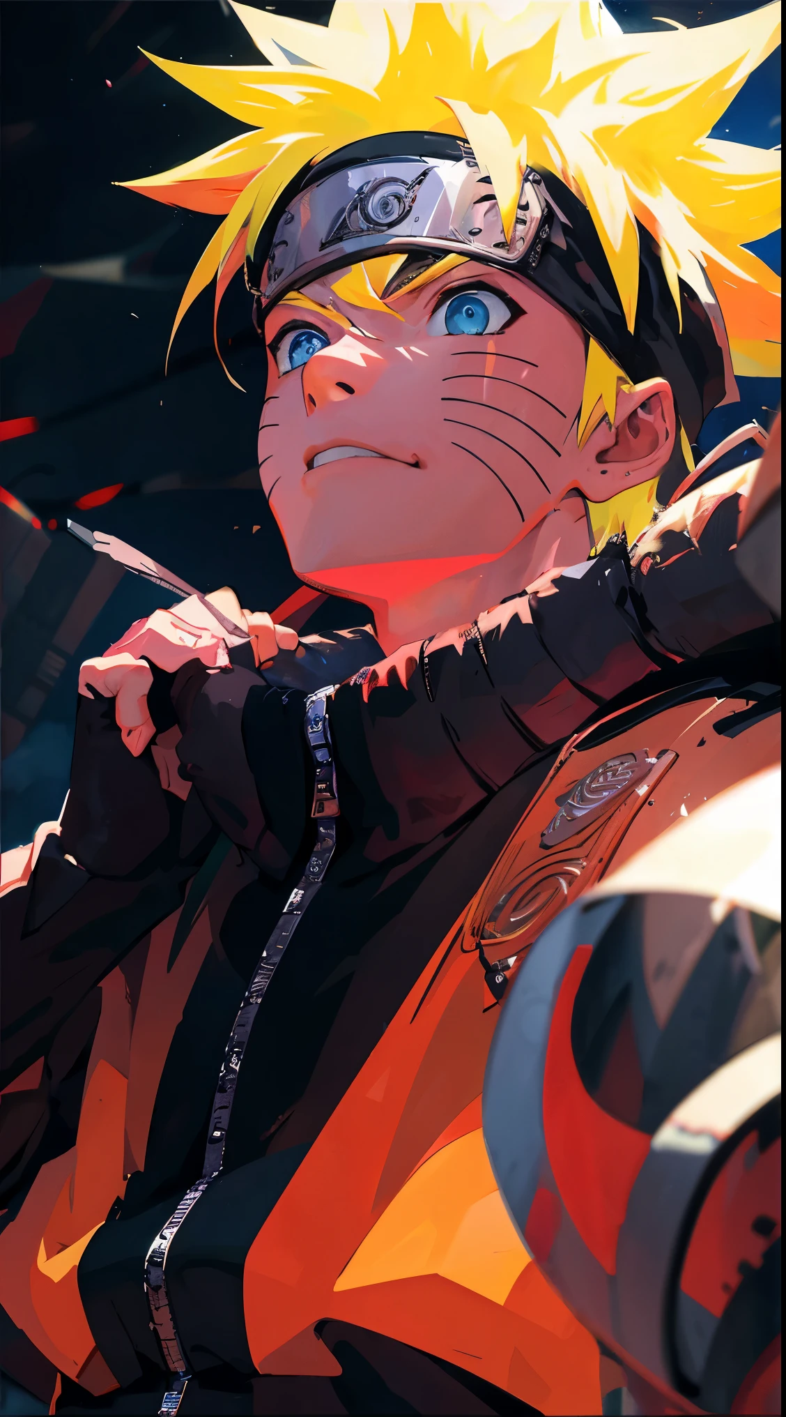 portrait, neon, 1 boy, shonen style, spiky blonde hair, scratches on cheeks, black and red clothing, leather jacket, jeans, boots, bandana with leaf symbol, perfect eyes, cool, blue eyes, full body, color --name Naruto Uzumaki --night background city with futuristic buildings and holograms