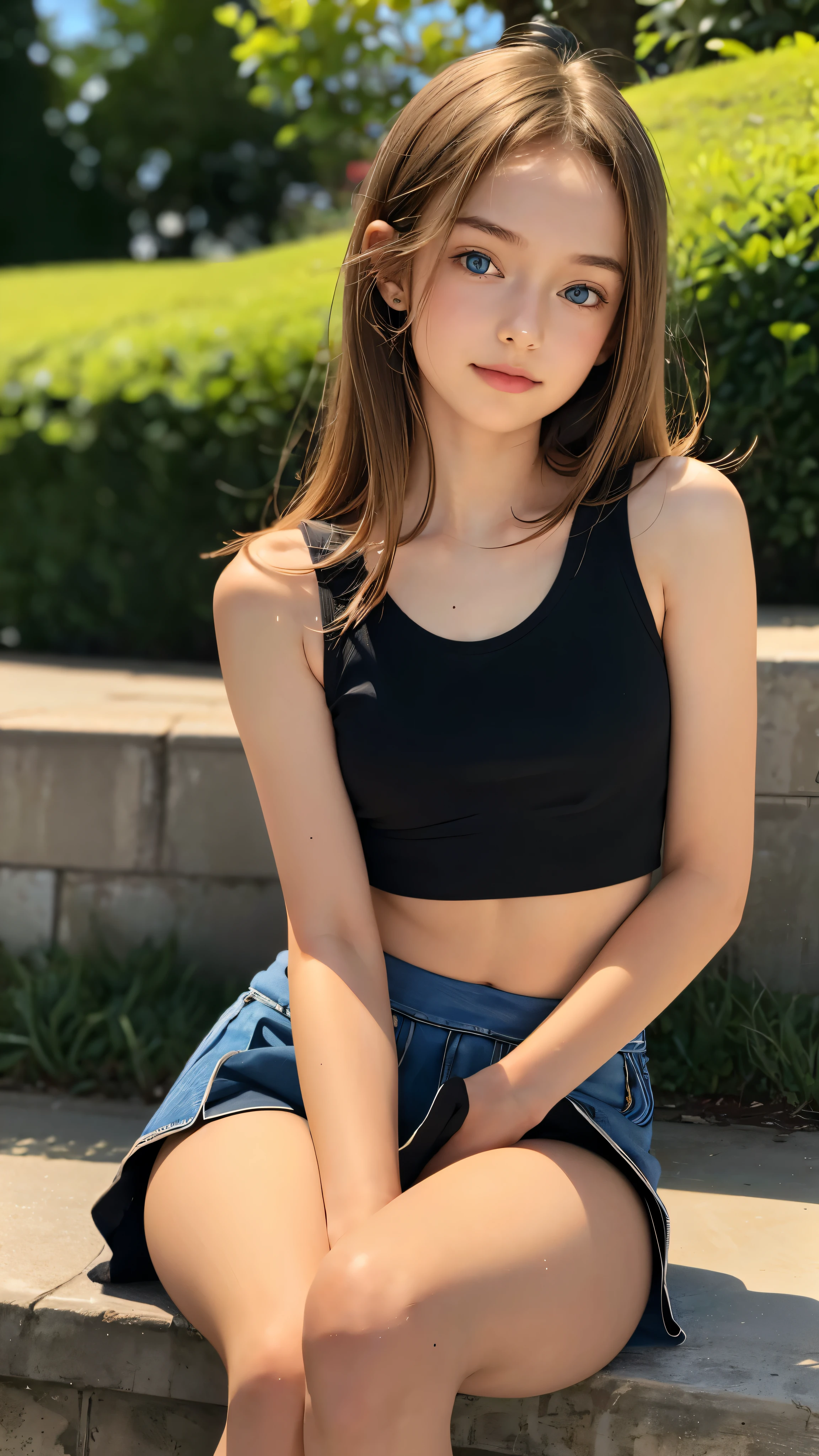 18-year-old, adorable, British girl, , portrait ,Tank top((mini skirt))、Thighs Thighs Nose:1.1), , (high color saturation,catch light:1.0), (highly detailed skin), (highest quality:1.0), (ultra high resolution:1.0) ,(realistic:1.0), (Super detailed:1.0), (8K, RAW photo:1.1),( smile:0.8),looking at the viewer