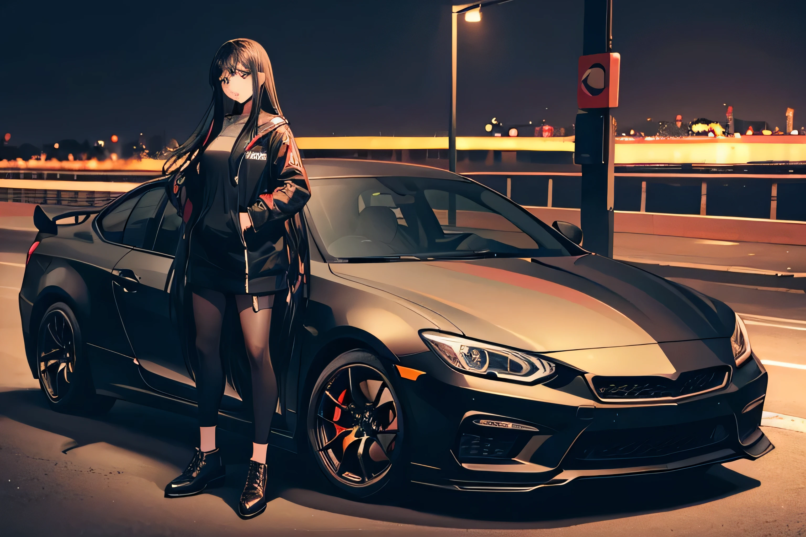 Black long hair girl with brown eyes. She is with a black car with a beard. Night background