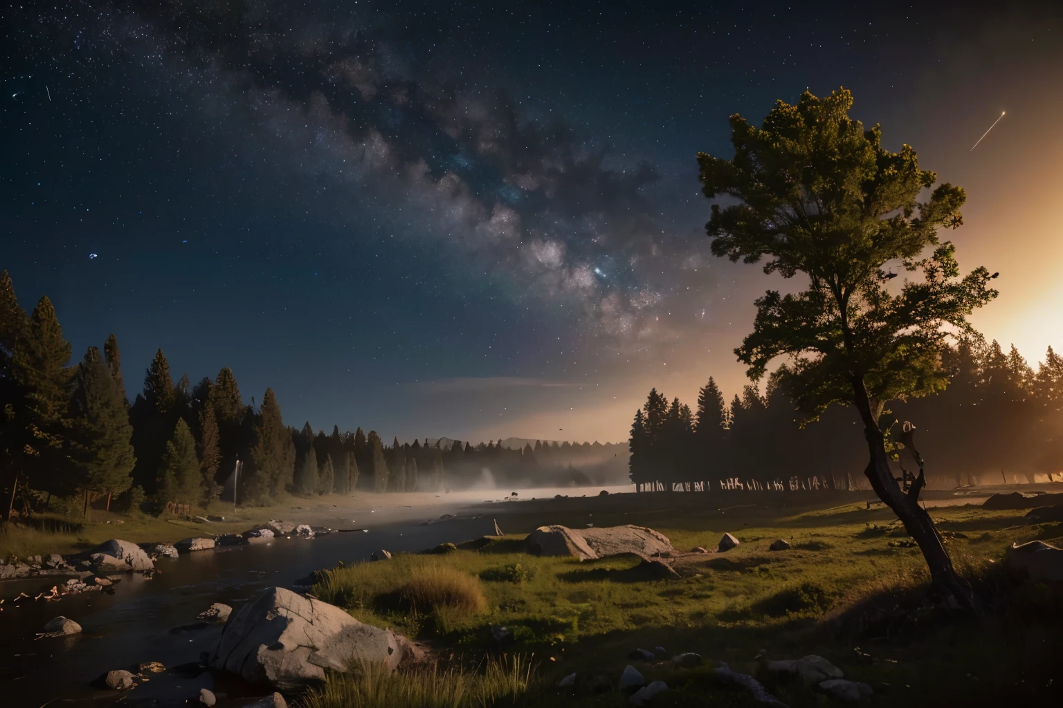 meteorites falling from the sky leaving trails of light, destruction, in prehistoric times, dinosaurs dying, trees burning, view from afar ultra-detailed, 8k, simple composition, 8k, wallpaper, cinematic