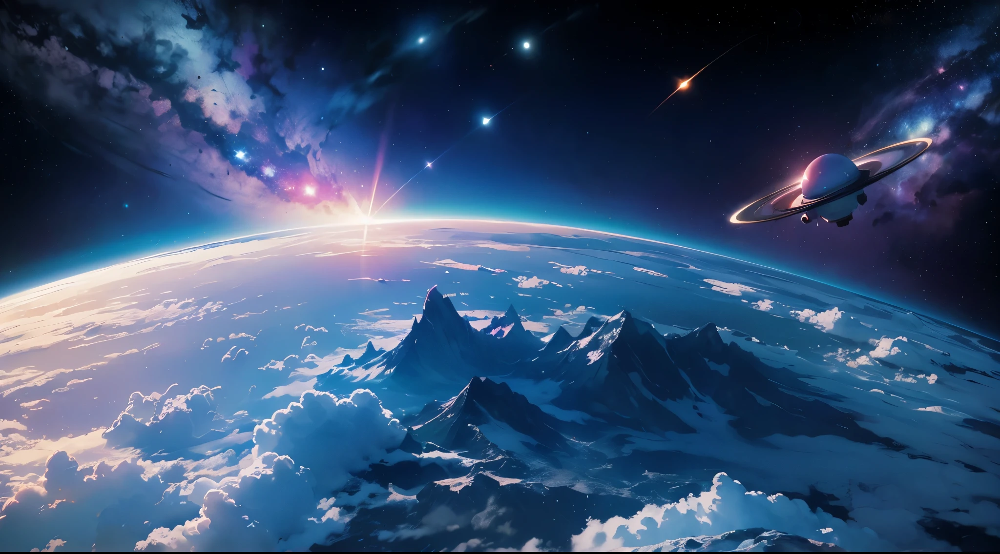 space with all planets blue and pink color with background of bright white stars in the style of Miyazaki, —air 21:9, quality 4k